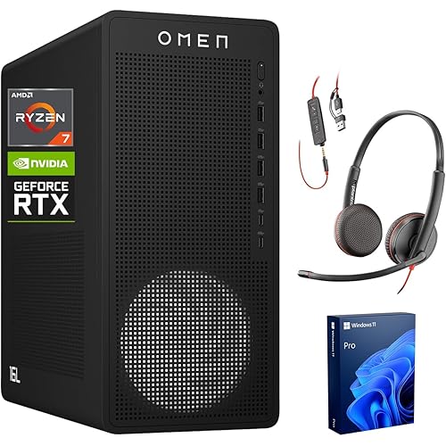 HP OMEN 16L RTX 5060 Pro Gaming Desktop, AMD Ryzen 7 8700F(Beats Intel i7-14700F), NVIDIA RTX 5060, 32GB DDR5 RAM, 1TB SSD, W11P, DP, Wi-Fi 6, Bundle with Poly Blackwire C3225 Stereo Headset