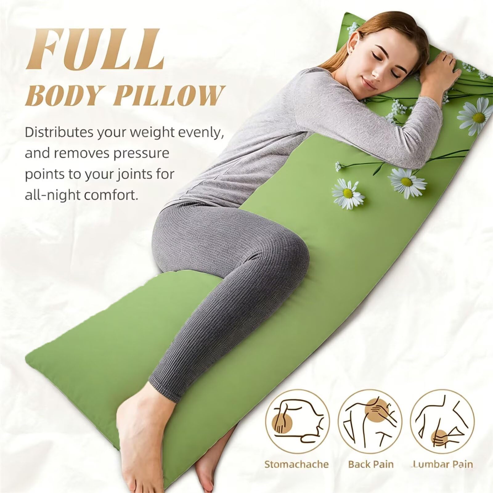 Funda de Almohada 60 x 180 cm Verde Protector Almohada 180 cm con Cremallera Invisible, Lino Durable y Transpirable Pillow Case Largas Moderno Impresión a Doble Cara para Cama, Sofá y Dormitorio dg-53
