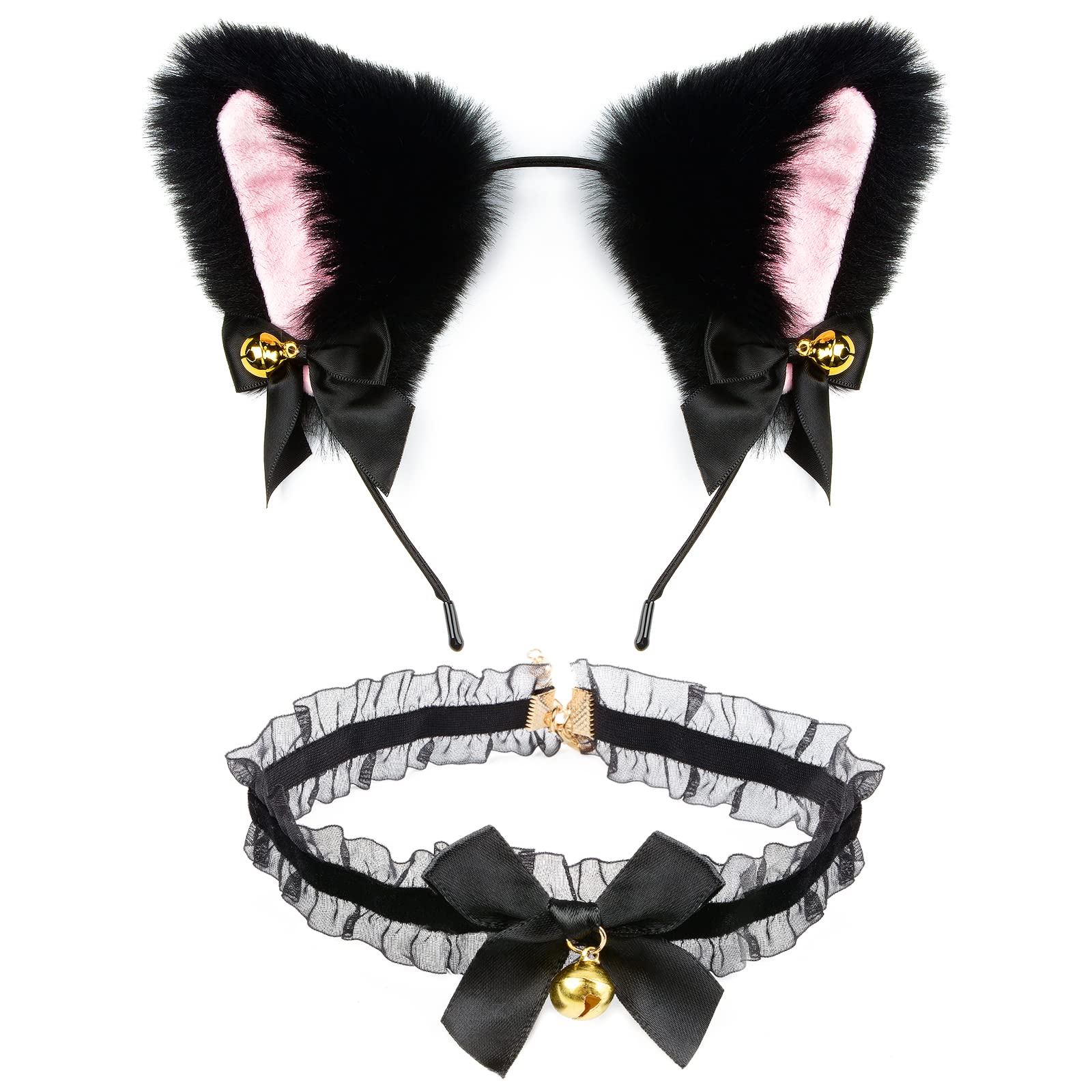 HoveBeaty Cat Ears Headband and Bow Necklace furry Animal Ears Hairband with Bells for Girl Women Cosplay Halloween Party Daily Decoration (black)