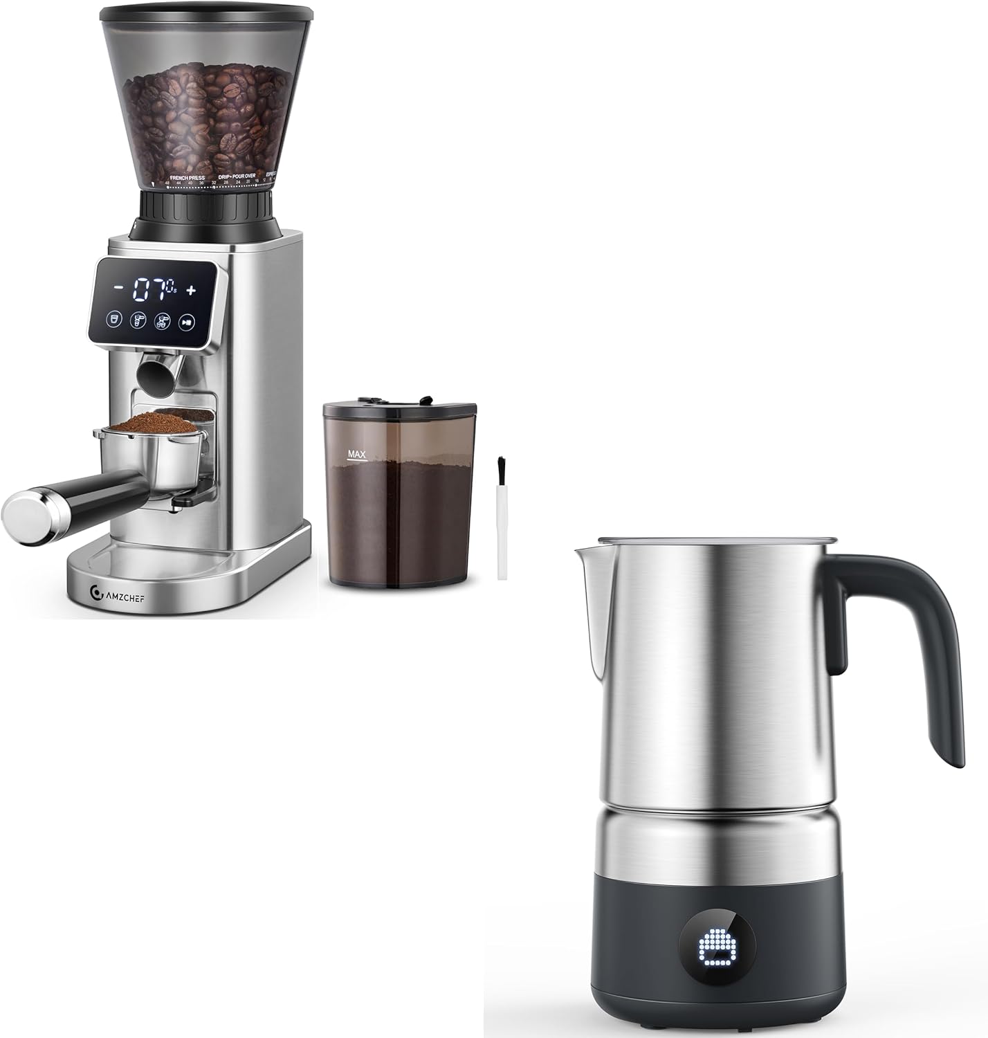AMZCHEF Coffee Grinder and Milk Frother Combo, Burr Grinder with 48 Precise Grind Settings, Automatic Warm & Cold Foam Maker, Detachable Stainless Steel Jug, LED Touchscreen & Control Panel, Anti-Stat