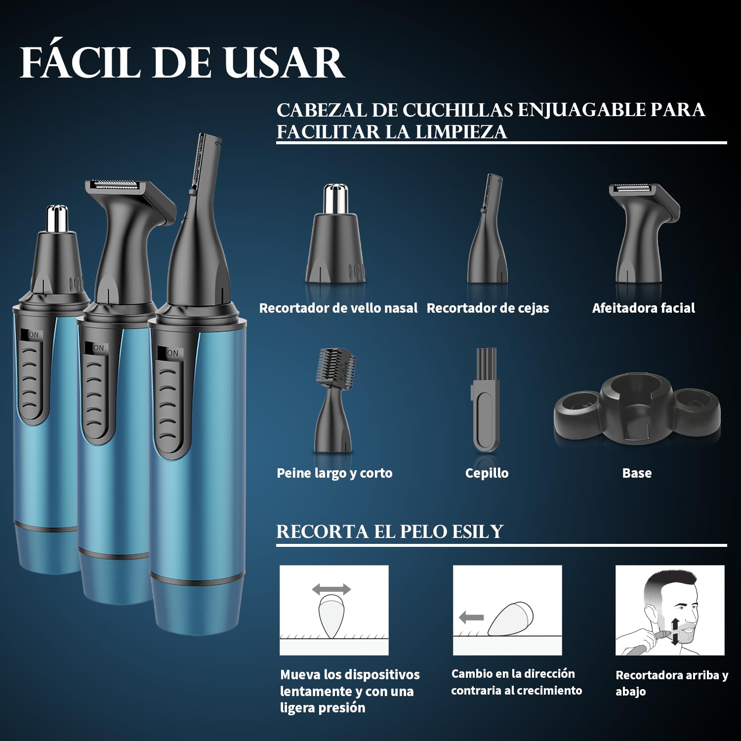 Cortapelos Nariz y Oreja, 3 en 1 Profesional - Recortador Pelos Nariz, Orejas, Cejas y Facial, Quita Pelos Indoloro, Resistente al Agua, USB Recargable, Para Hombre y Mujer — view 8