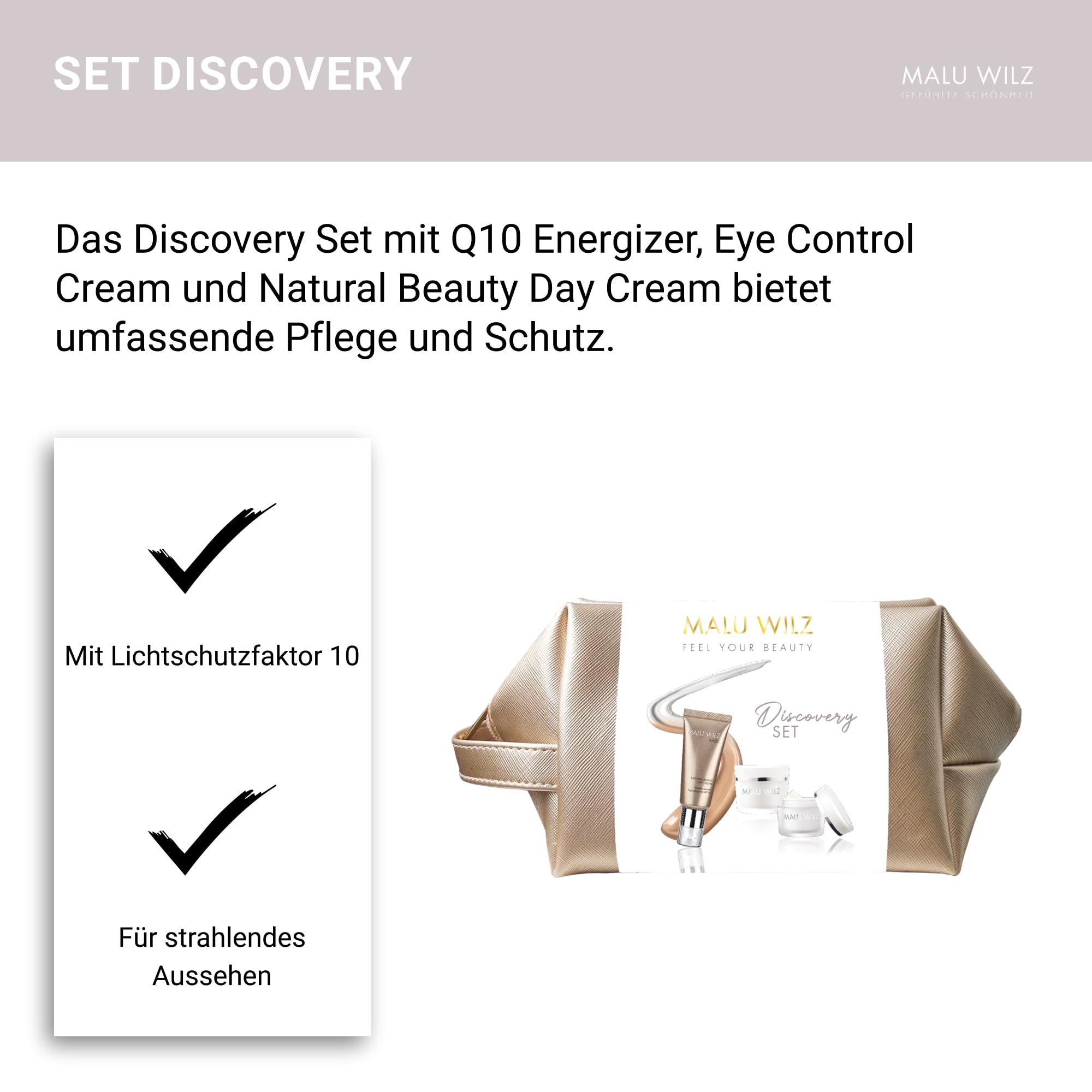 Malu Wilz Discovery Pflegeset - Beauty Set mit Q10 Energizer, Eye Control Cream und Natural Beauty Day Cream, Hochwirksame Gesichtspflege mit Anti Aging Effekt