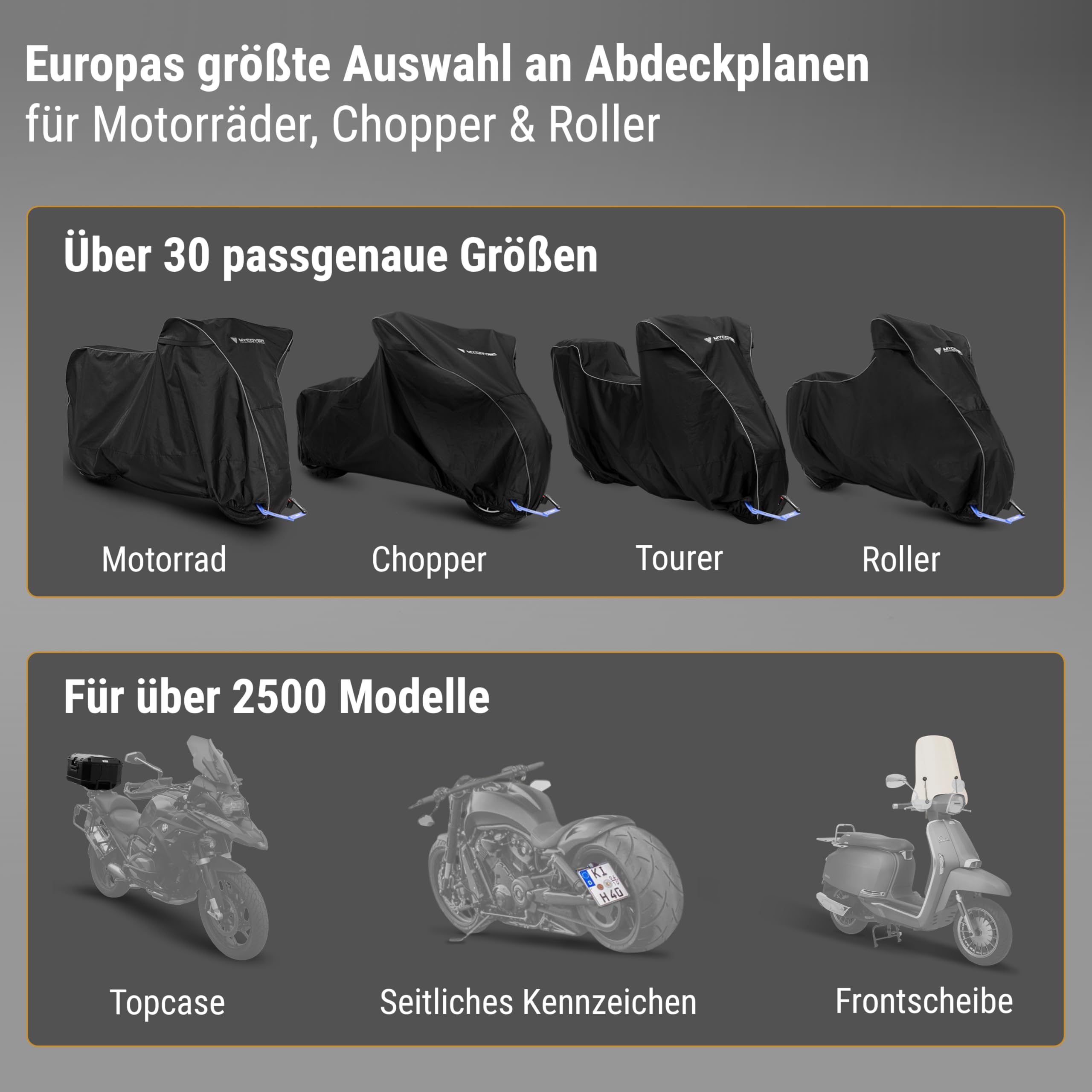 handgefertigte Premium Motorrad Abdeckplane – 30 Größen für über 2500 Modelle – 100% passgenau, wasserdicht, Winterfest & extrem reißfest – Indoor & Outdoor - Größe XL+ (L245xB110xH145)
