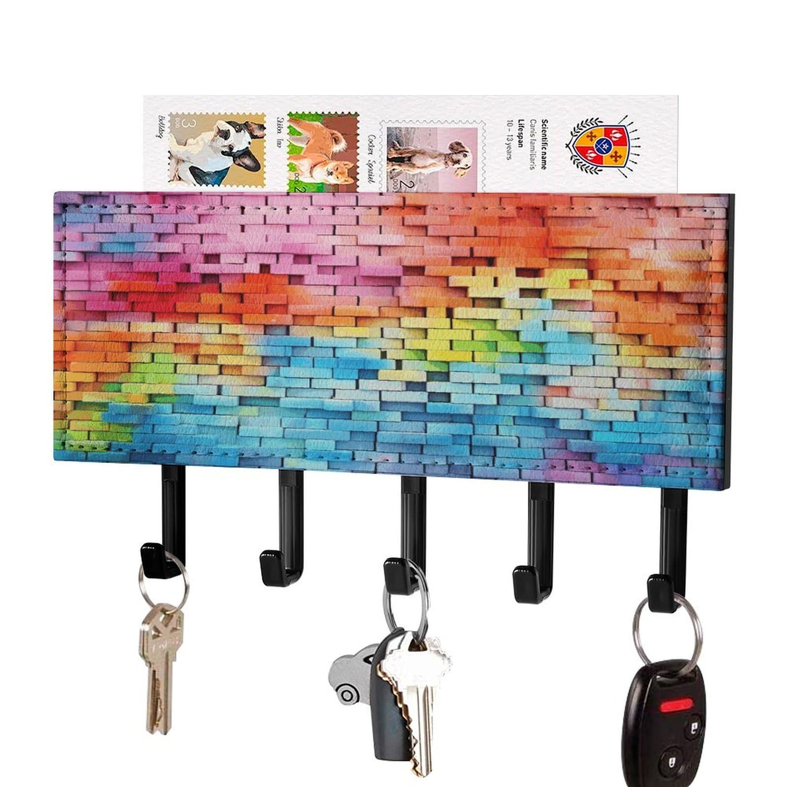 Fekiloot Black-Style Colorful Wall Key Holder Wall Mount Key And Mail Holder Key Hanger With 5 Hooks Decorative Pu Key Rack Hanging Key Hooks For Wall Living Room Kitchen Bathroom Hallway