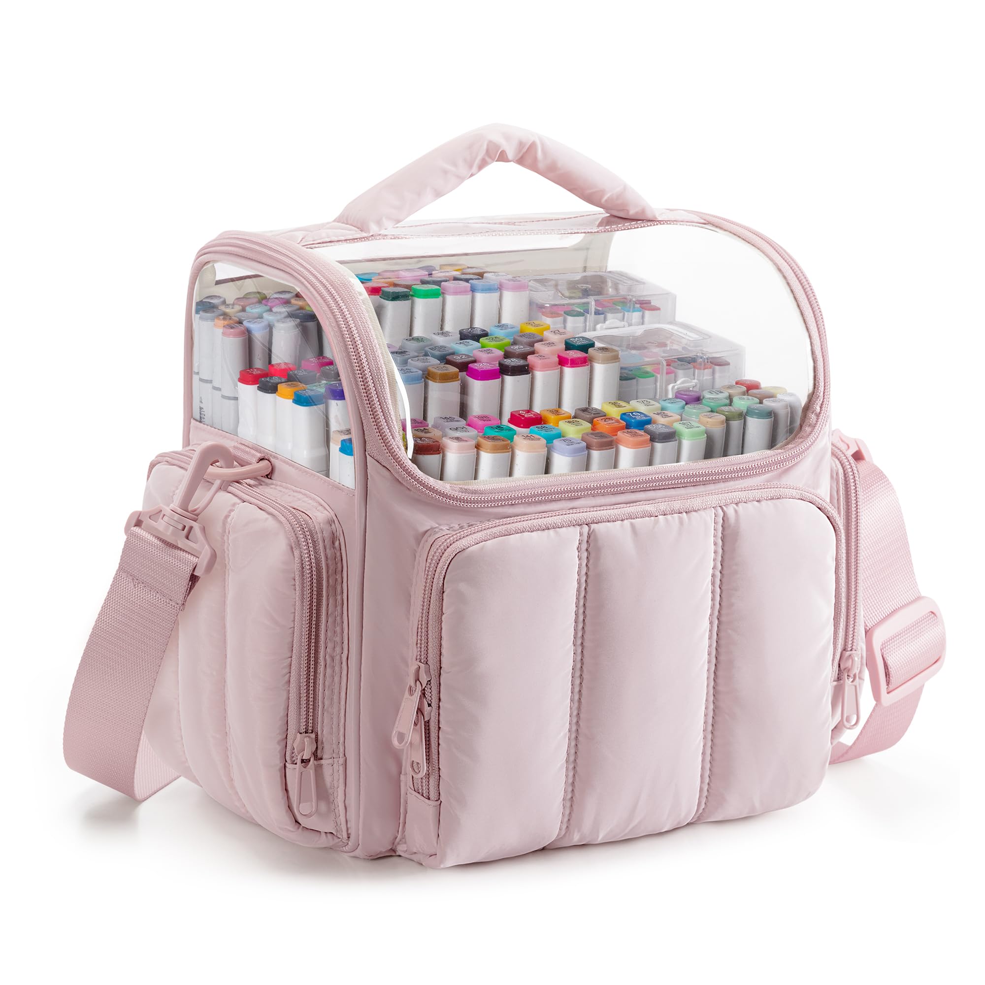 Rexmica Grand Sac de Rangement pour 210 Marqueurs à Dessin, Étui de Rangement Rembourré avec Bandoulière pour Feutre à Alcool pour Adultes, Artistes, Enseignants et Passionnés de Coloriage, Rose