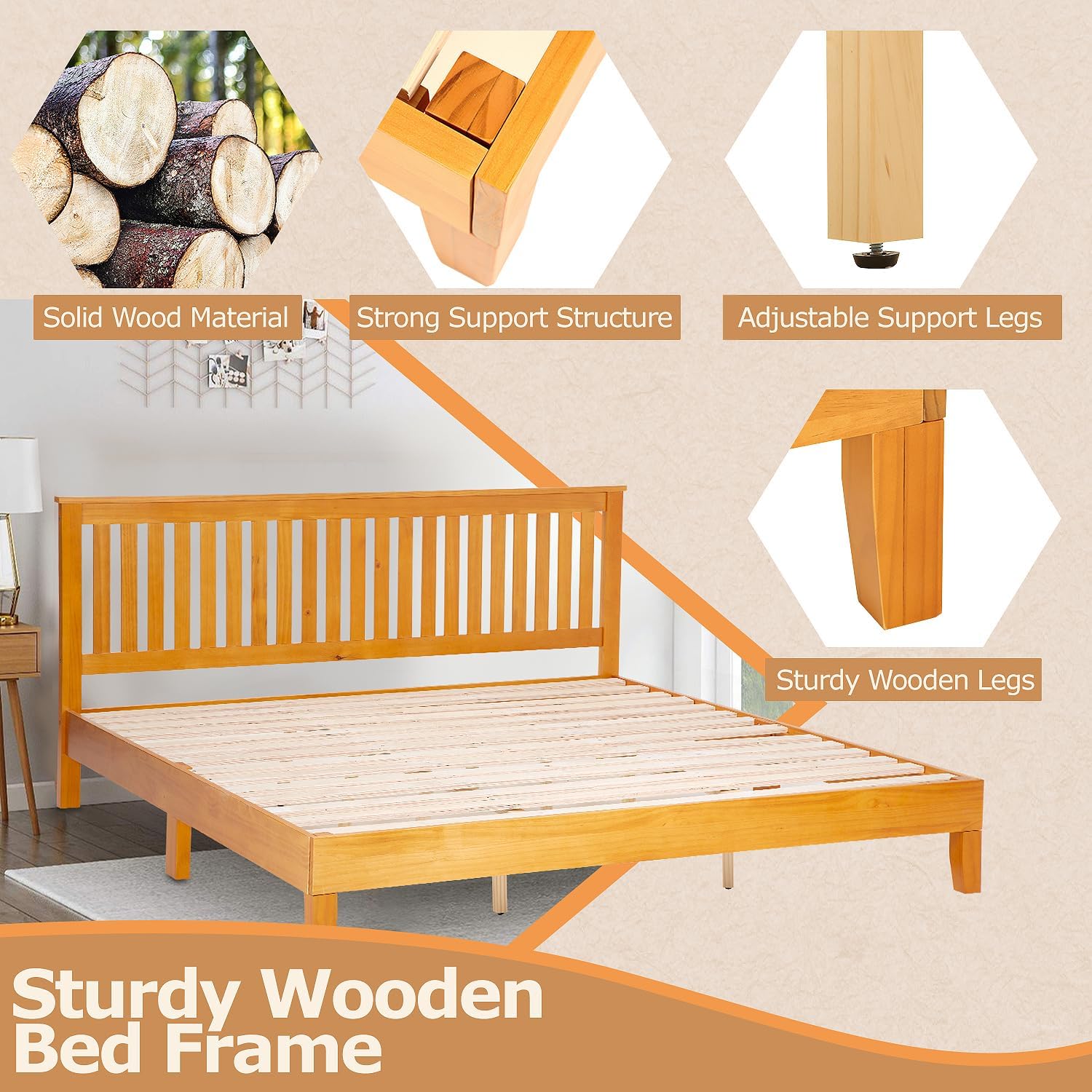 NChanmar King Size Wood Bed Frame with Headboard, Platform Bed with Slats Support, No Box Spring Needed, Brown with Under Bed Storage, Easy Assembly
