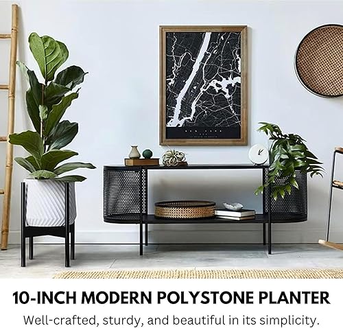 Miniatura 2 de Fox & Fern Maceta de 10 pulgadas con tapón de drenaje, maceta blanca de Polystone de alta calidad maceta moderna con textura 3D y acabado de