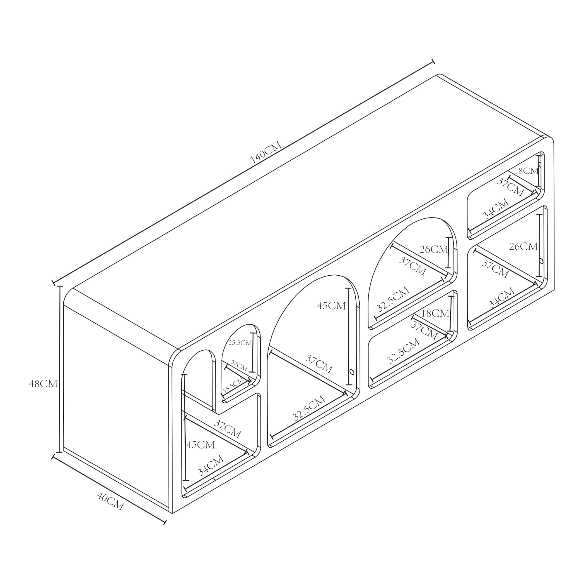 [en.casa] Mobiletto TV Tavolino Porta TV con 7 Scomparti da Forme Geometriche Mobile Basso per Soggiorno Stand TV e Centri Multimediali 140 x 40 x 48 cm Bianco