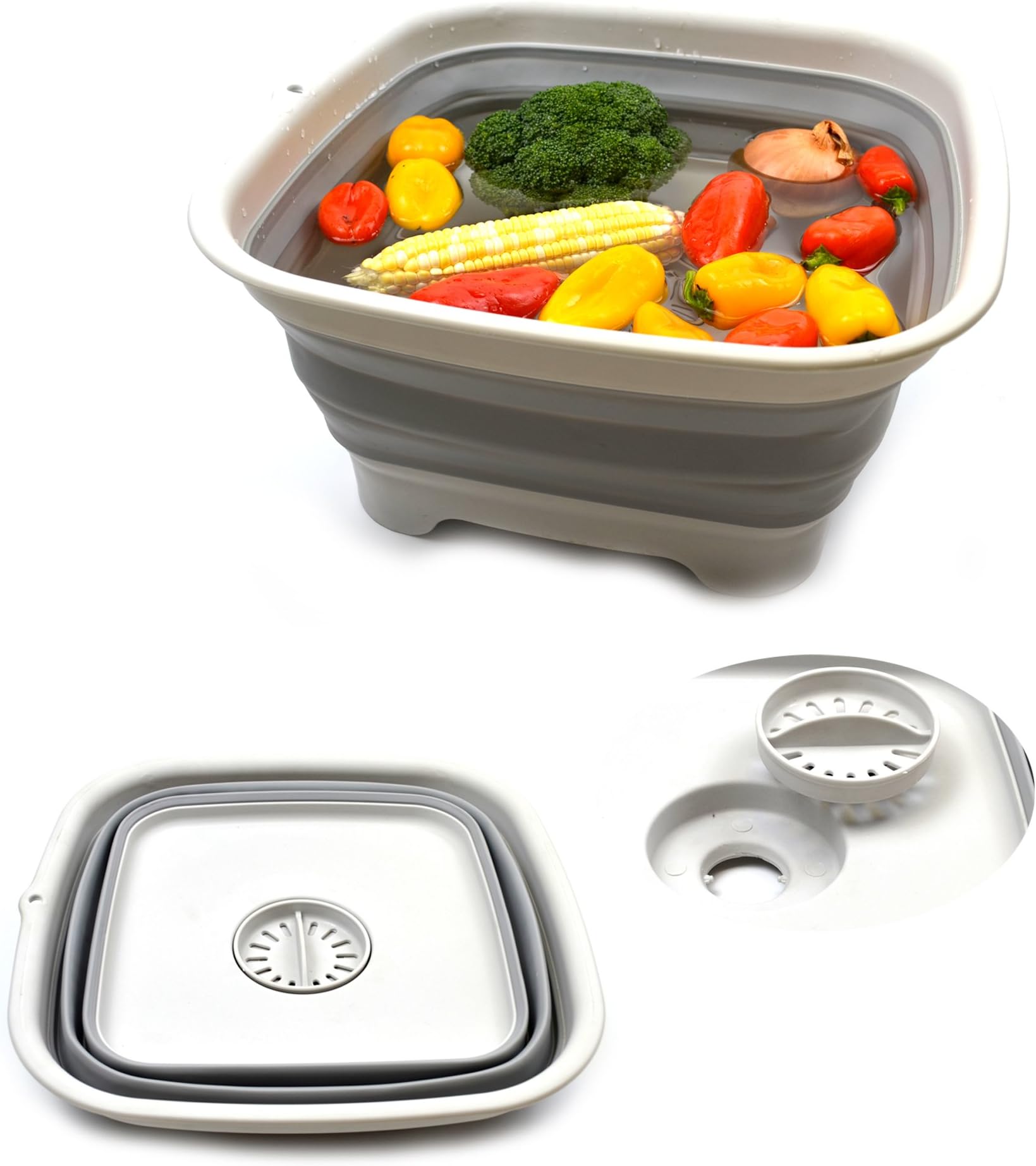 SAMMART 9.3L Collapsible Dishpan with Draining Plug - Foldable Washing Basin - Portable Dish Washing Tub - Space Saving Kitchen Storage Tray (Grey)