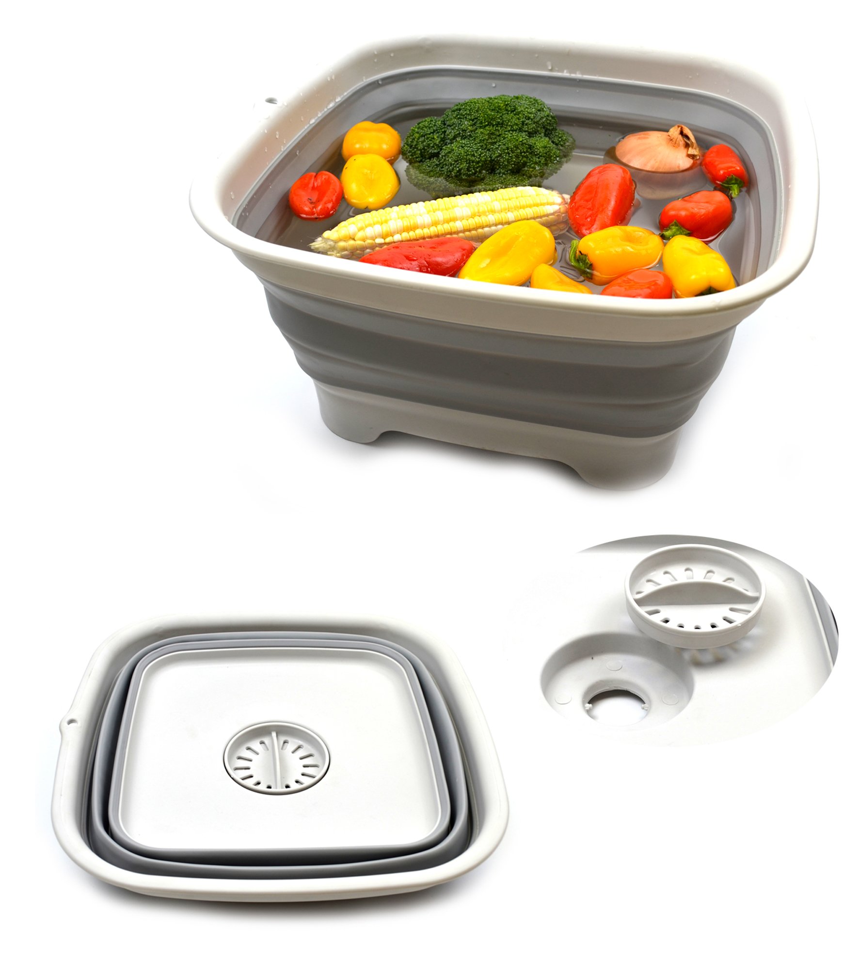 SAMMART 9.3L Collapsible Dishpan with Draining Plug - Foldable Washing Basin - Portable Dish Washing Tub - Space Saving Kitchen Storage Tray (Grey)