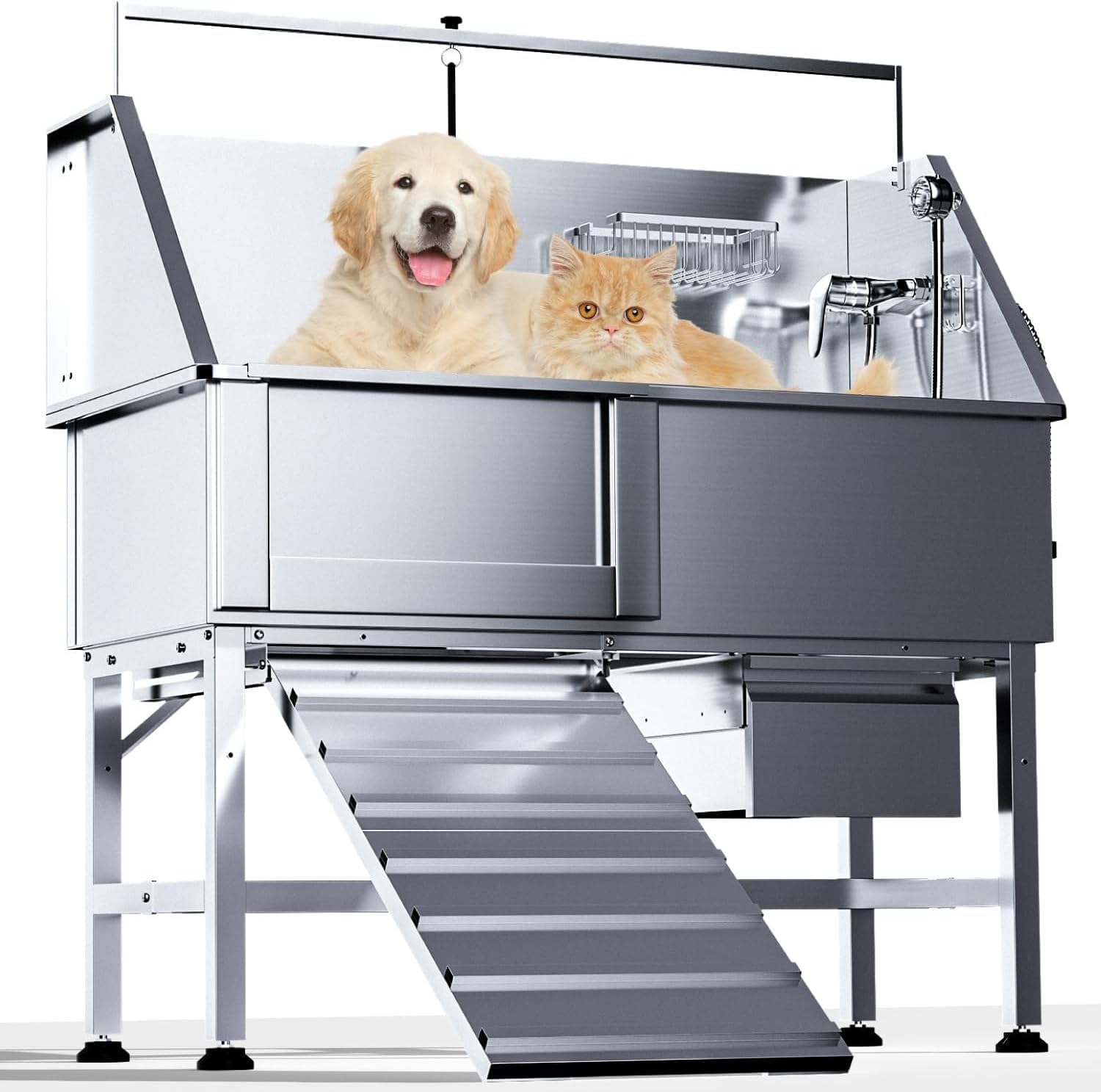46" Elevated 304 Stainless Steel Dog Washing Station, Heavy-Duty Pet Bathing Tub with Left Side Ramp, Removable Floor Grate & Storage Drawer, Ideal for Large & Medium Dogs