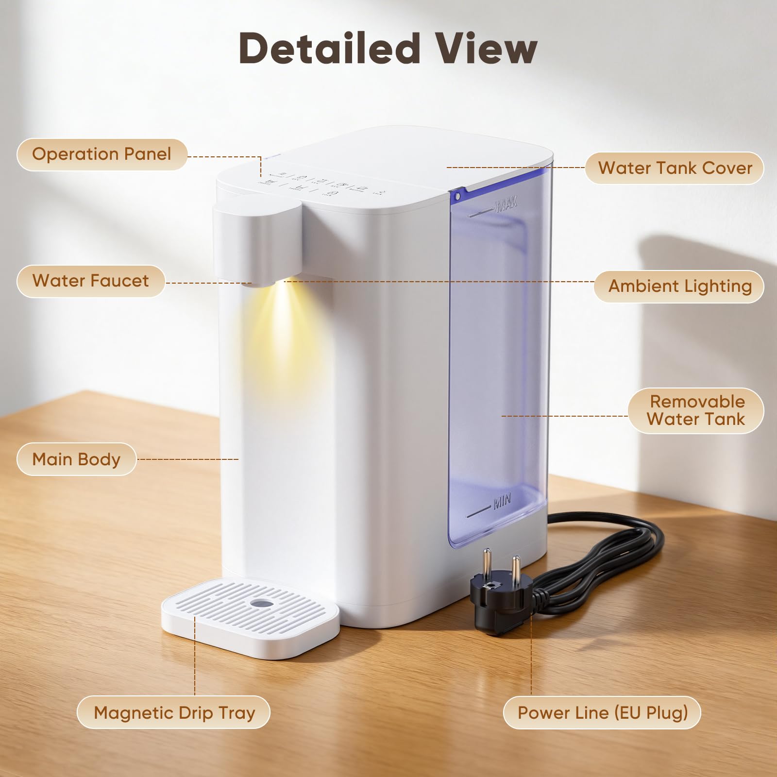 Instant Heißwasserspender 2000W, 3L Abnehmbarer Wassertank, 5 Temperaturstufen (45–85°C) & 2 Wassermengen (160/260ml), Kindersicherung, LED-Nachtlicht, Touchscreen, für die Küche zu Hause, für Büros