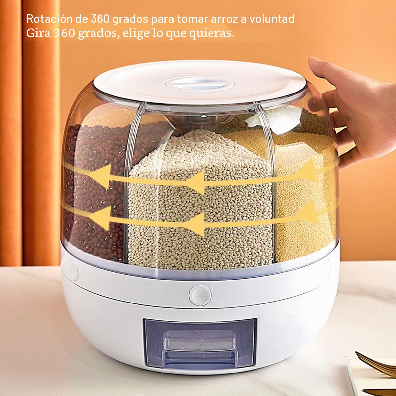 Dispensador de Arroz, Dispensador de Cereales de PP Giratorio de 6 Rejillas con Tapa Extraíble, Organización de Cocina de Almacenamiento de Contenedores de Arroz para Granos, Frijoles, Arroz(5KG)
