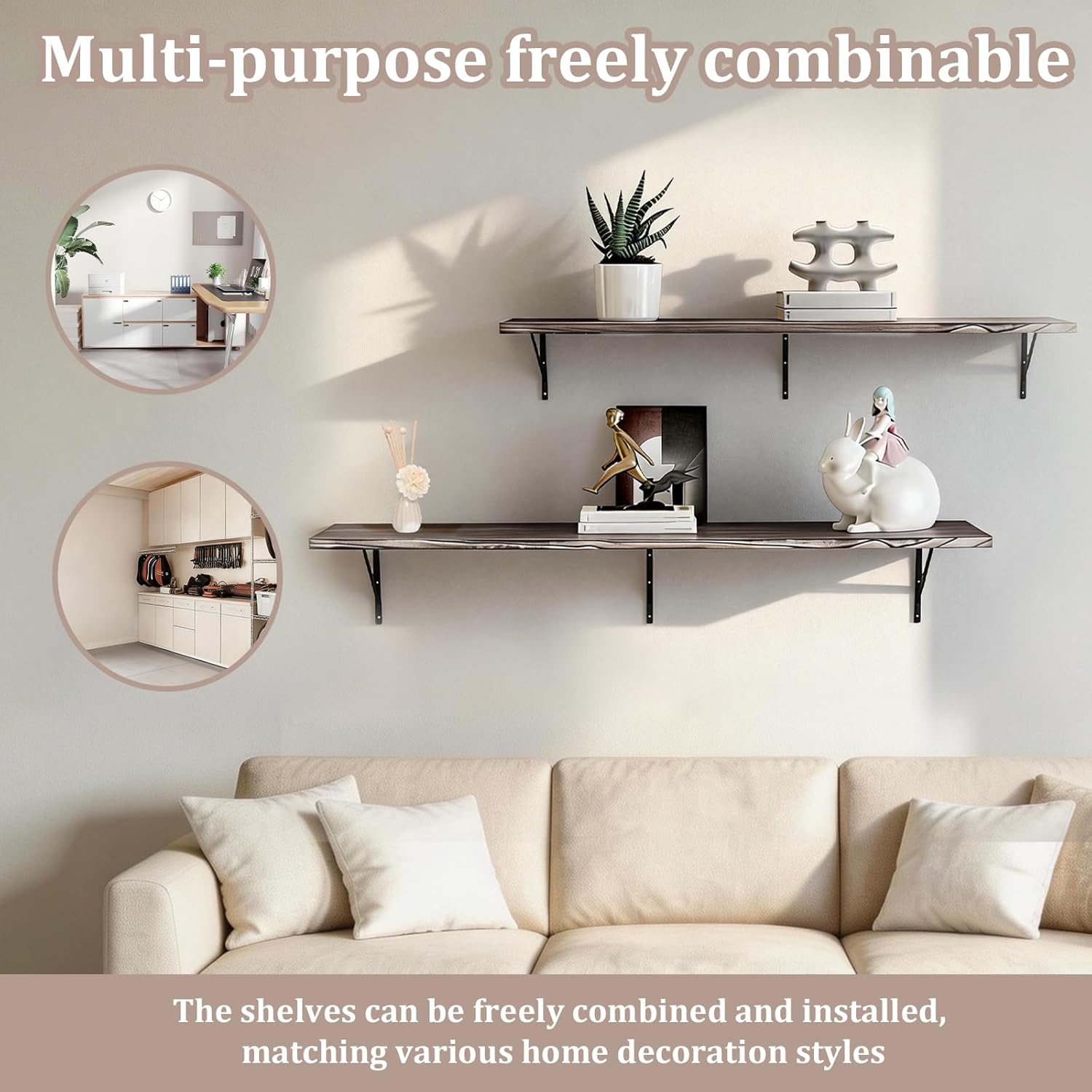 Floating Shelves for Wall 5-Tier Solid Wood Large Bookcase 72.05x11.81x7.87in Floating Shelves with Metal Bracket Wall Mounted Hanging Shelf Suitable for Kitchen Bathroom Coffee Bar
