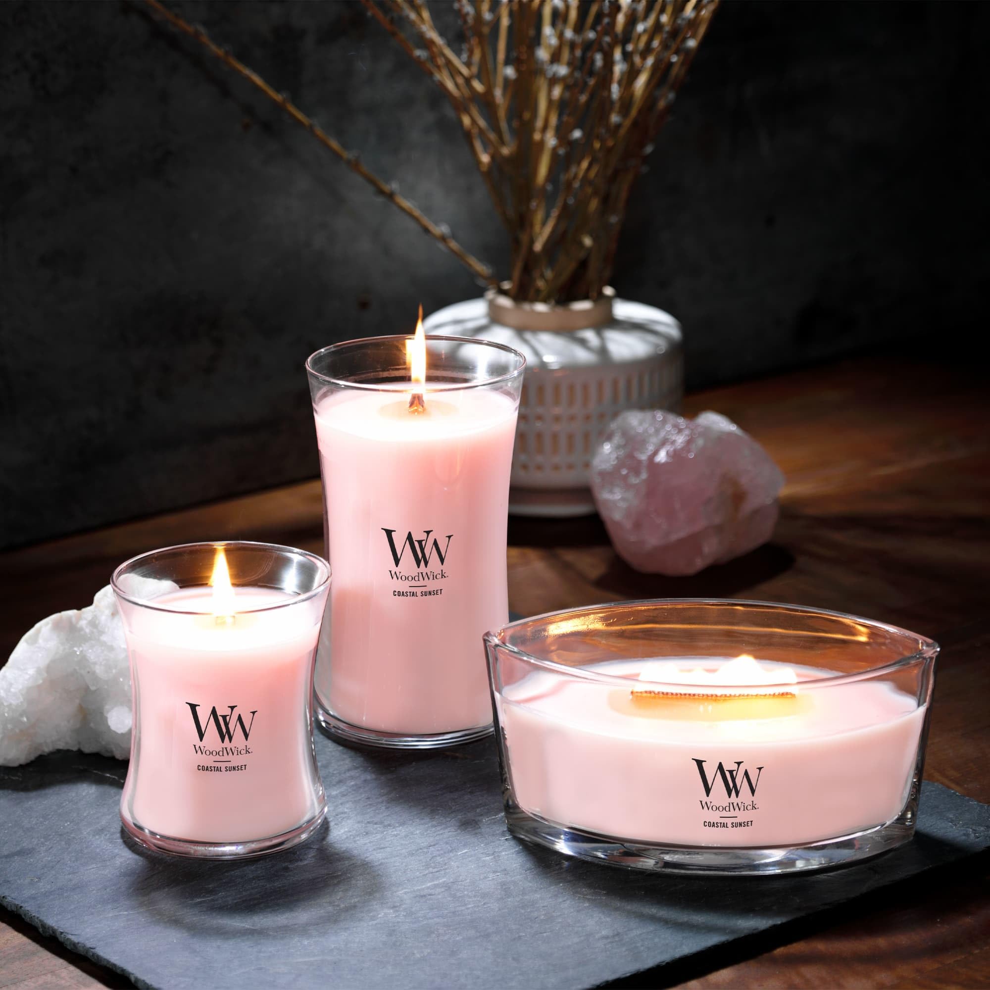 WoodWick Ellipse candela profumata con fiamma HearthwickTramonto sulla costa