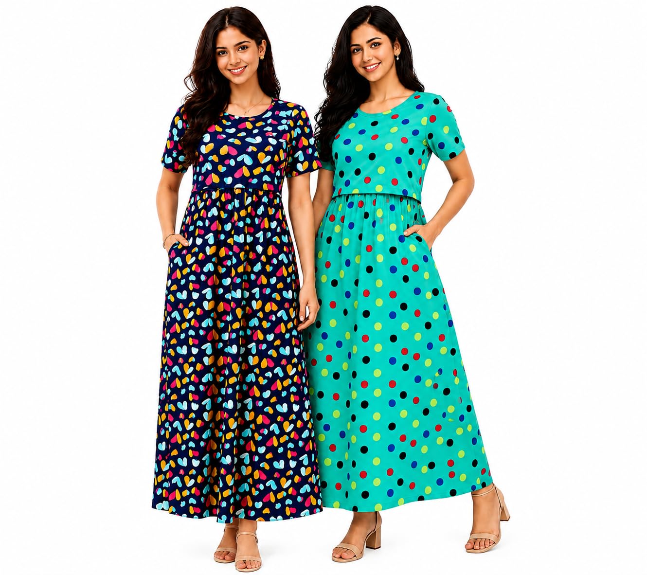 RENIS.Store Women's 100% Cotton Zipless Feeding Maternity Nighty Pack of 2 | Pull Up Night Dress, Back Tie with Side Pocket | Multicolor & Lite Green | Size - M-image-46