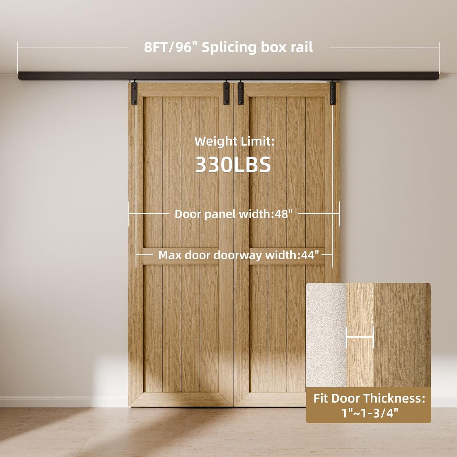 8FT Ceiling Mount Box Rail Barn Door Hardware Kit,Heavy Duty Steel Sliding Barn Door Track,Fit Interior and Exterior Double Door,Easy Install(No Door)