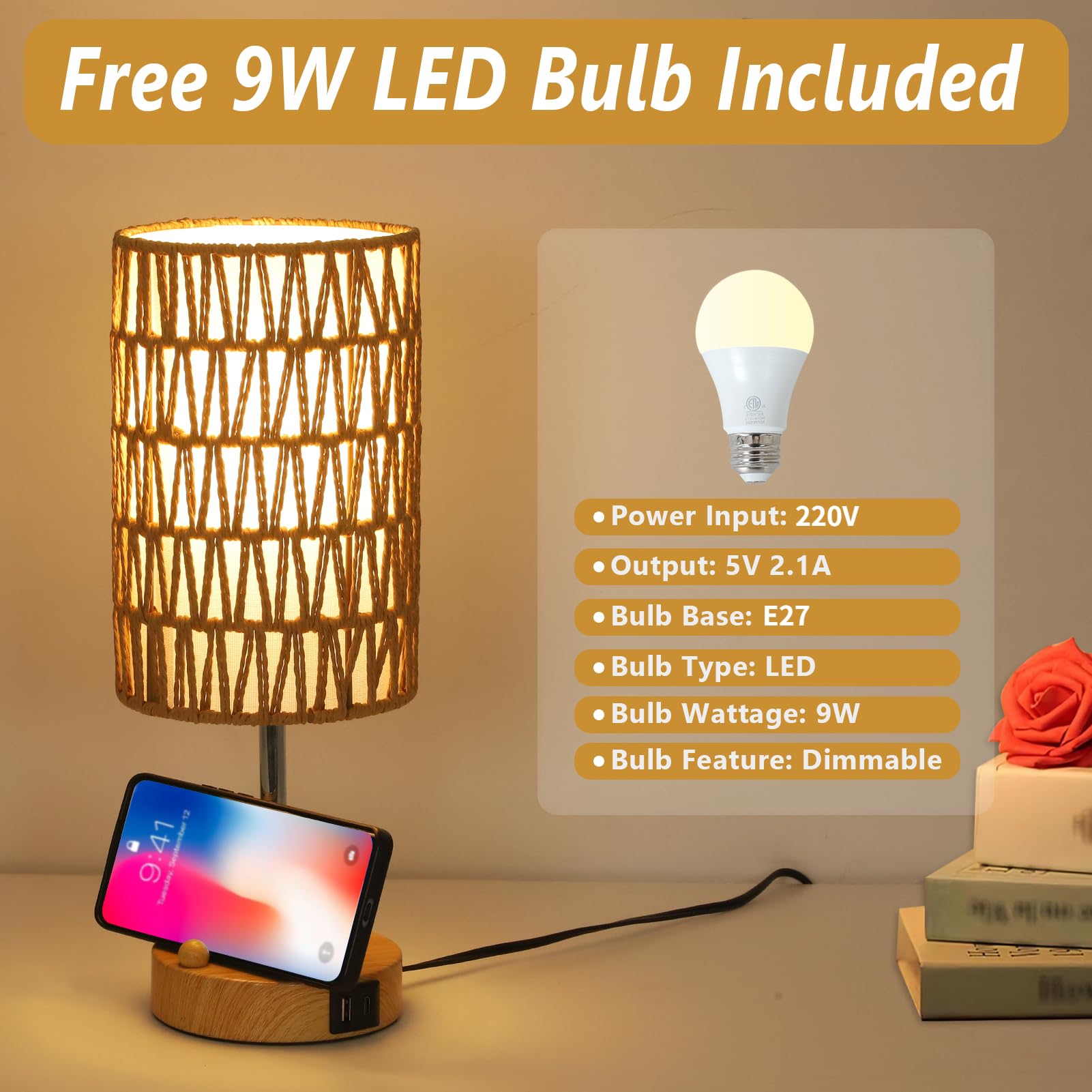 Rayofly Nachttischlampe 2er Set, Touch Dimmbar Nachttischlampe mit Ladefunktion USB A+C-Anschlüssen, Vintage Tischlampe mit Rattan Schirm & LED Glühbirne, Boho Touch Lamp für Schlafzimmer, Wohnzimmer