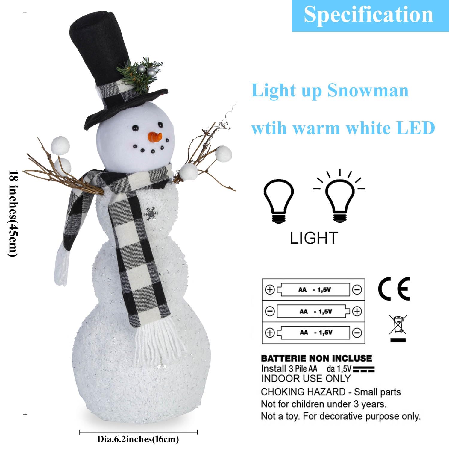 Adorable figurine de bonhomme de neige de Noël – Bonhomme de neige blanc avec effets d'éclairage pour décoration intérieure et collectionneurs