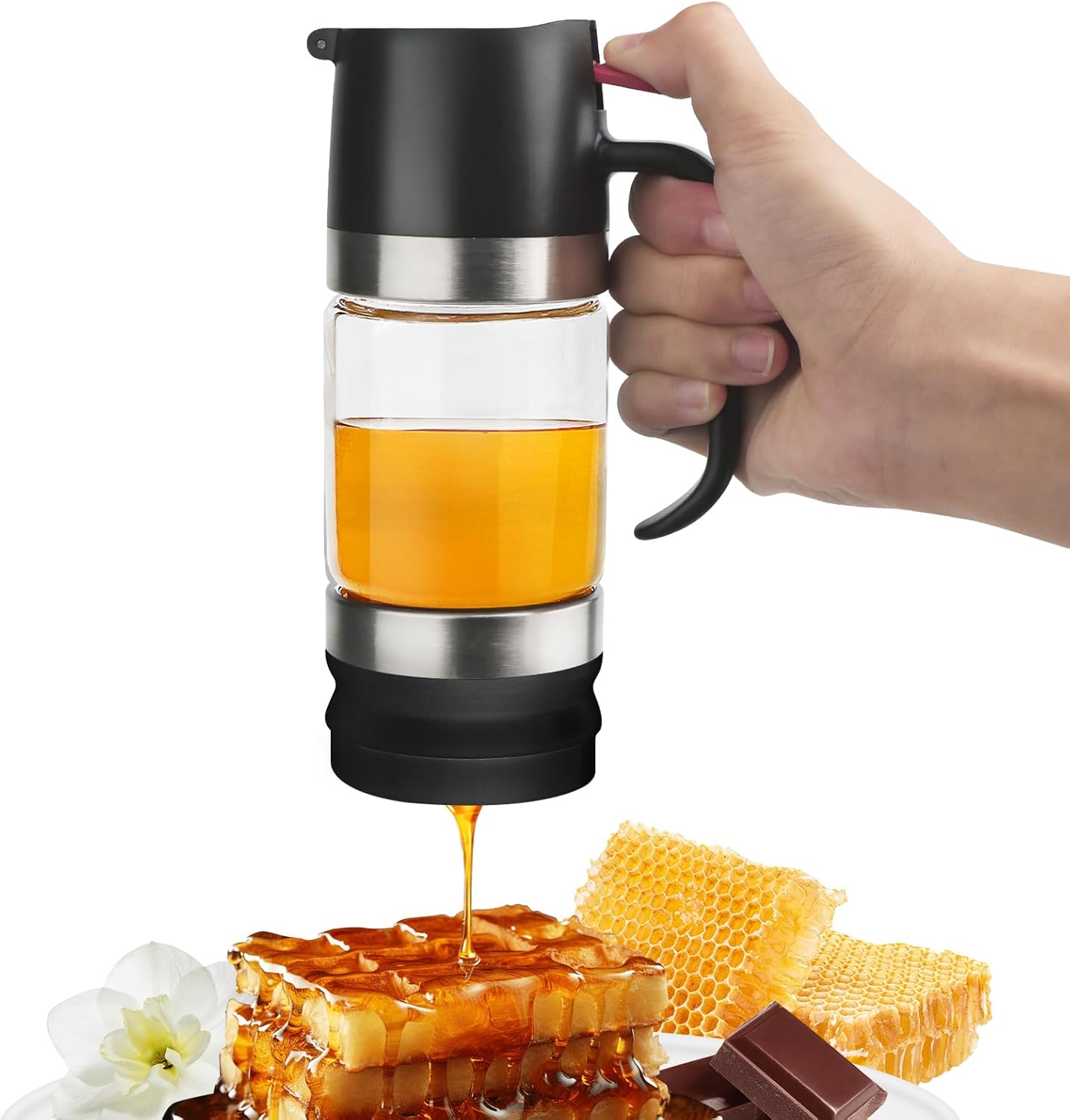 Glass Honey Dispenser,10 OZ Honey Pot with Handle,No Drip Honey Container Jar,Maple Syrup Dispenser,Ideal for Honey and Syrup,Black base - Amazon product rated Grade B