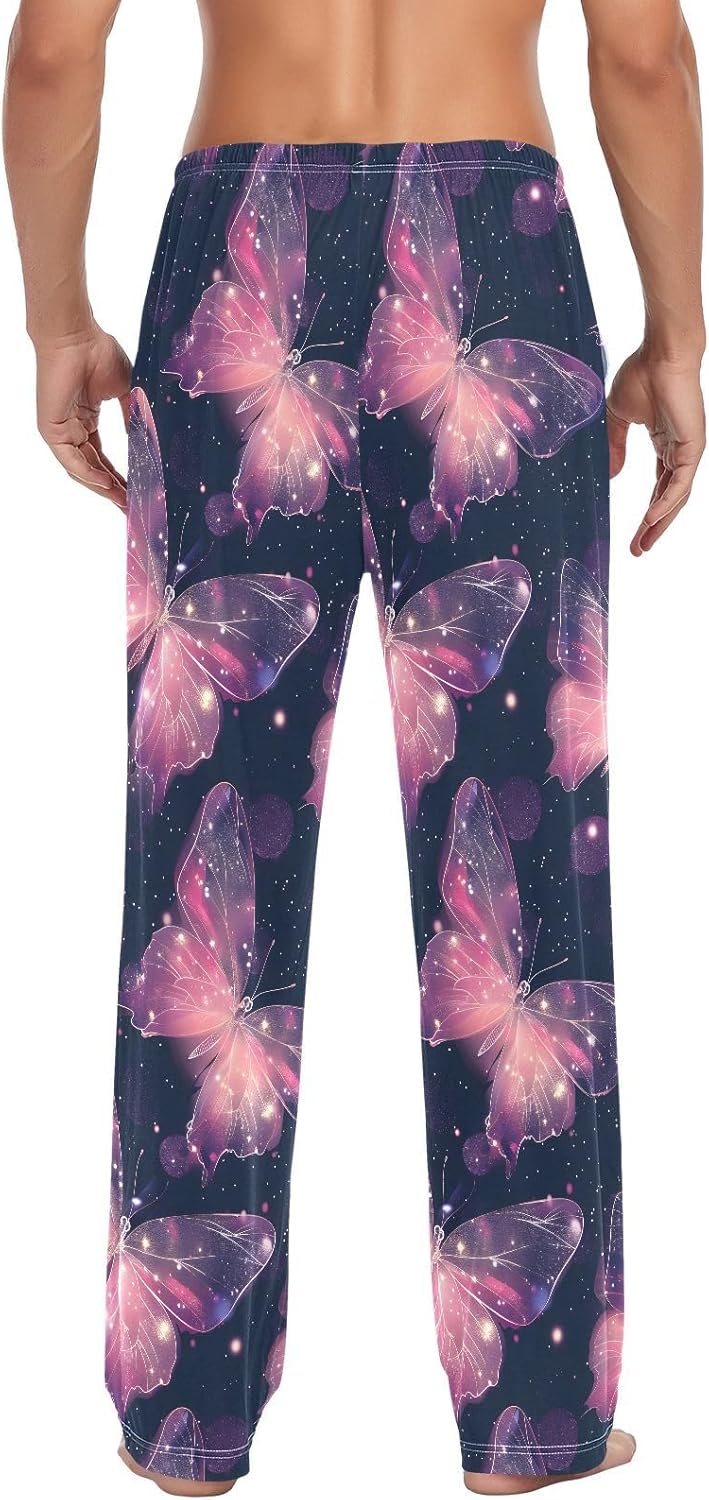 ALAZA Light-pink Butterfly Starry Men's Pajama Pants Men Cotton Pajama Bottoms with Pockets, S