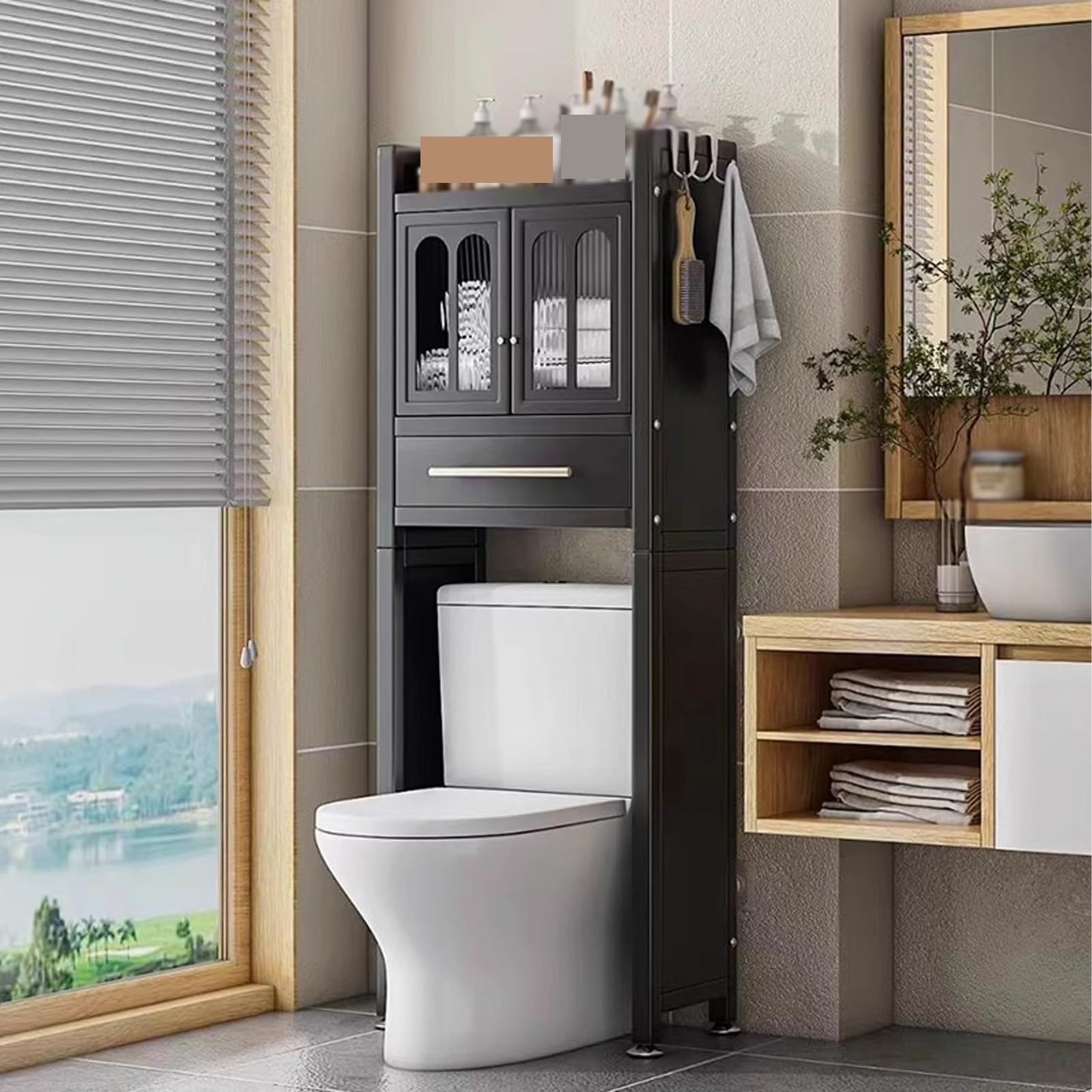 BHGFYXBS Double Door Over The Toilet Sto Cabinet Black Metal & Acrylic Shelf For Bathroom & Laundry Space Saving Solut 155Cm High Maximize Sto Efficiency,Black-155Cm,Black-155cm