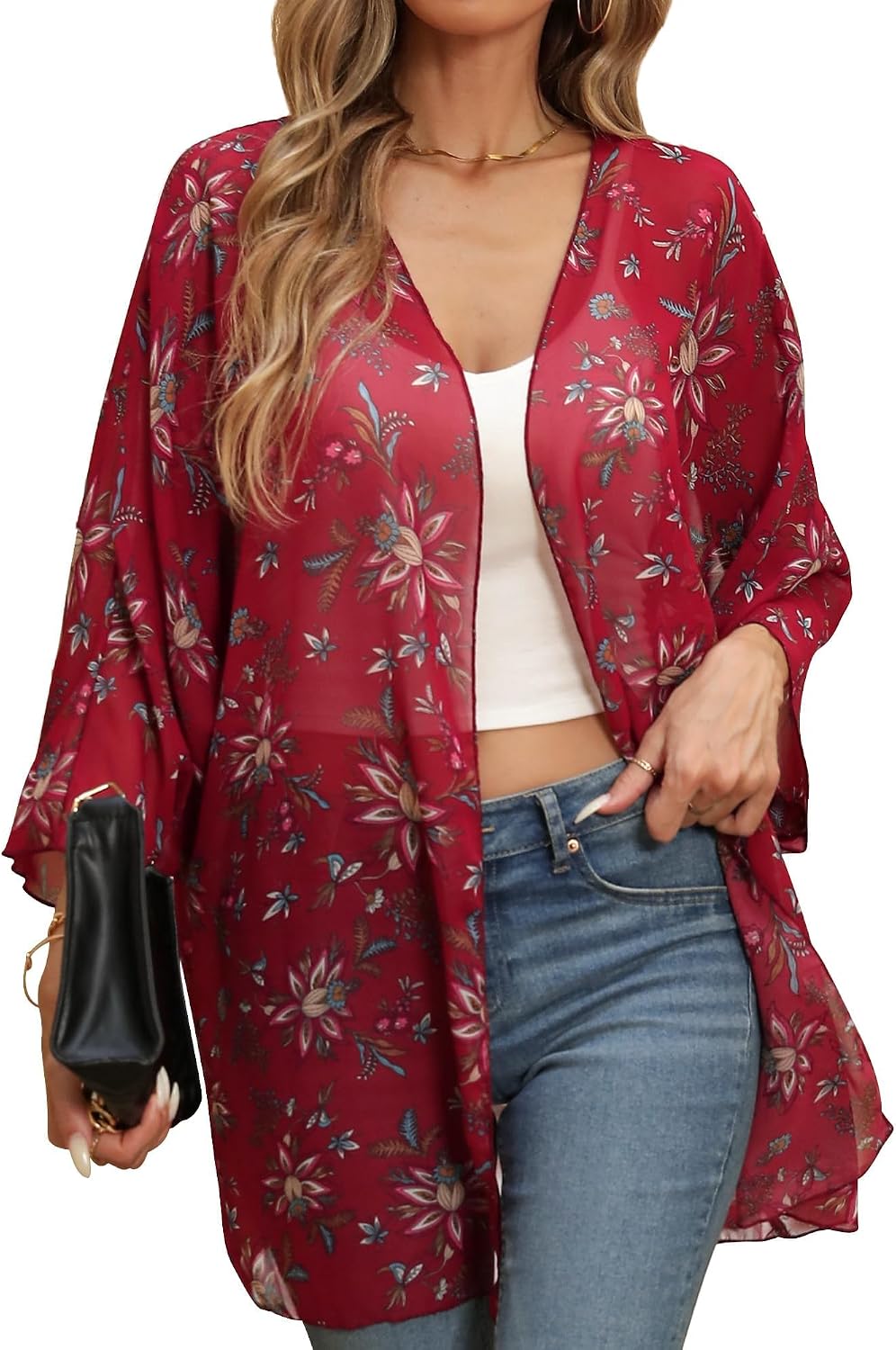 Argstar Women’s Puff Sleeve Kimono Cardigan Floral Print Loose Summer Cover Up,Lightweight Chiffon for Resort Beachwear