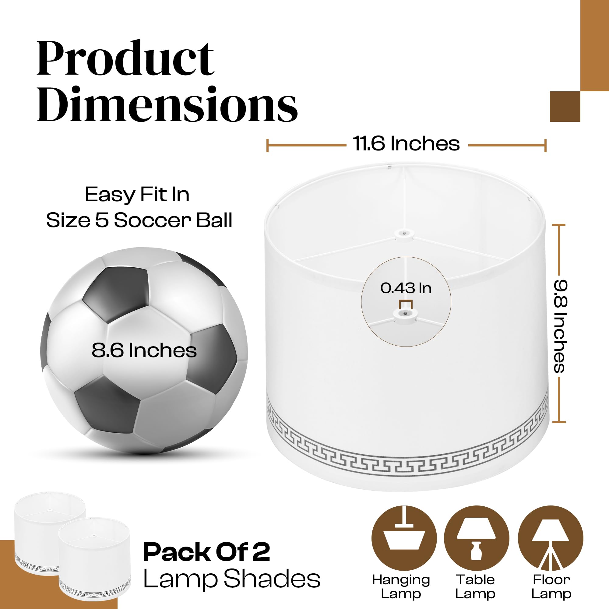 White Lamp Shades Set of 2 for Table Lamps11.6” Top x 12.6” Bottom x 9.8” Height, Medium Hand Crafted Linen Fabric with Classic Printed Border, Universal Fit with Spider Fitter, Easy Assembly Required