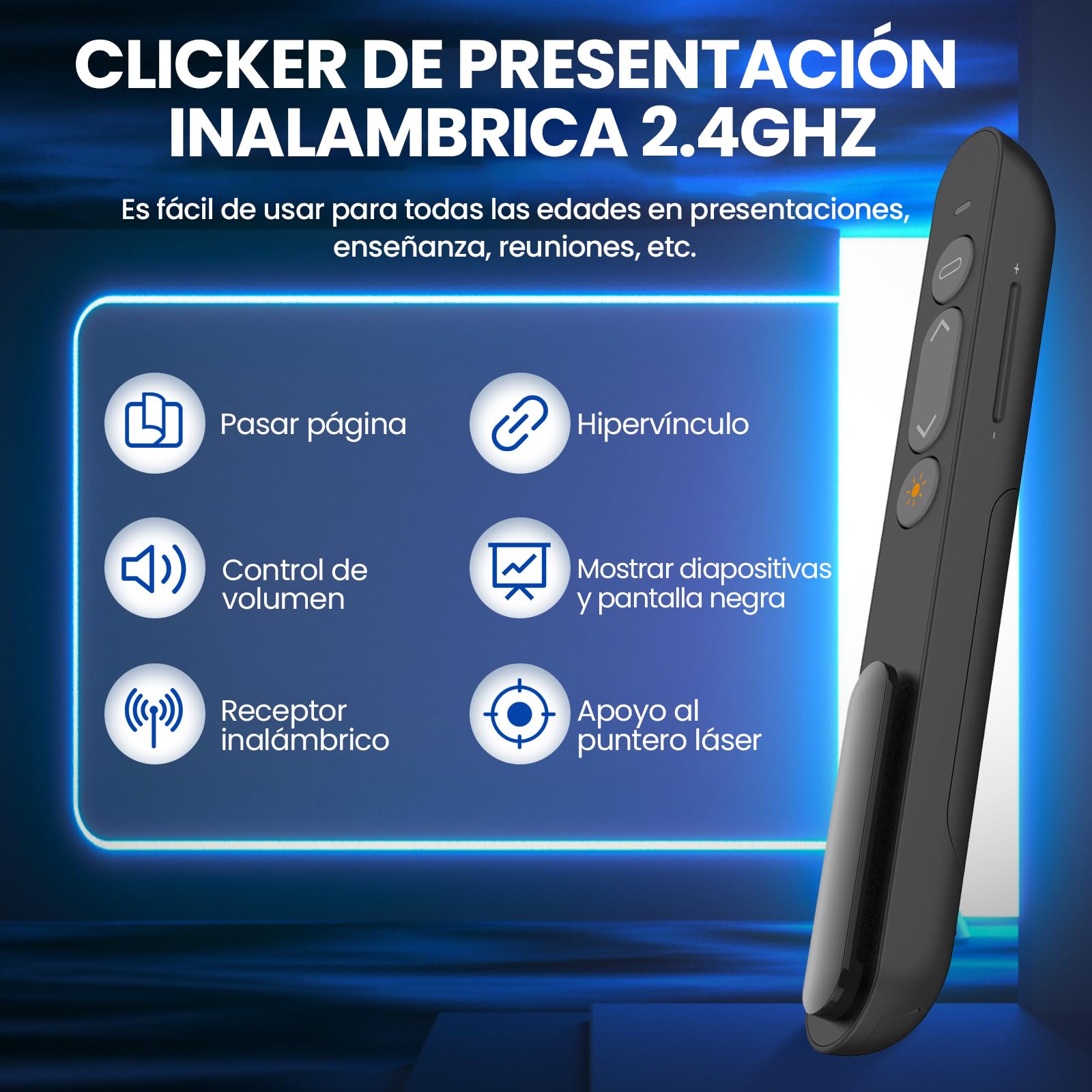 Puntero Presentaciones, Presentador de Diapositivas Remoto Mando para PowerPoint/Keynote/Hyperliens/Google Slides/PDF/MS Word para conferencias, reuniones, informes, PowerPoint, etc. Plug & Play