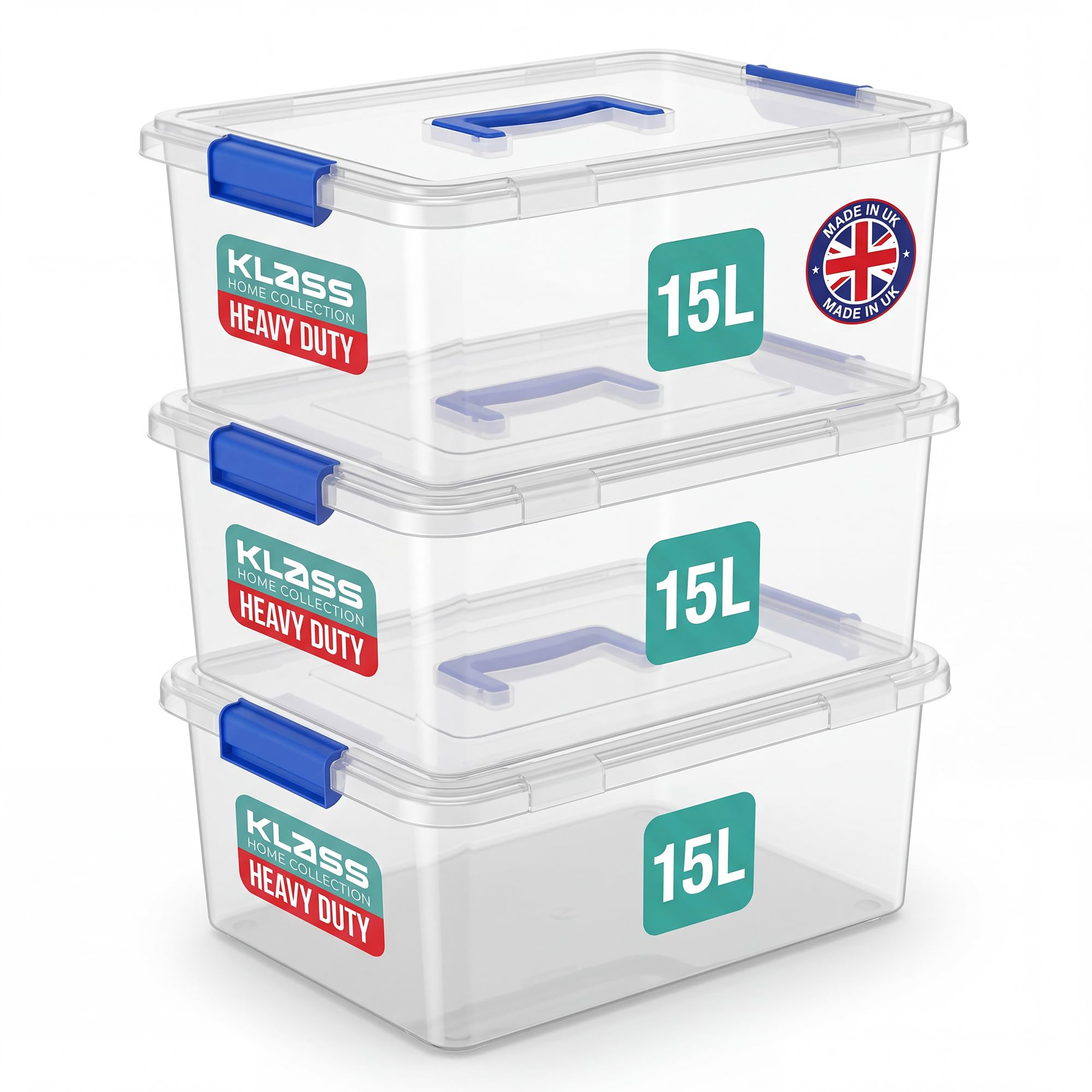 Klass Home Collection 3 x 15 Litre Storage Boxes with Lids Set of 3, Clip-Lock Lid, Sturdy 15L Clear Stackable Plastic Storage Box With Lid Containers For Home, Kitchen, Moving, Garage & Office โ image 1