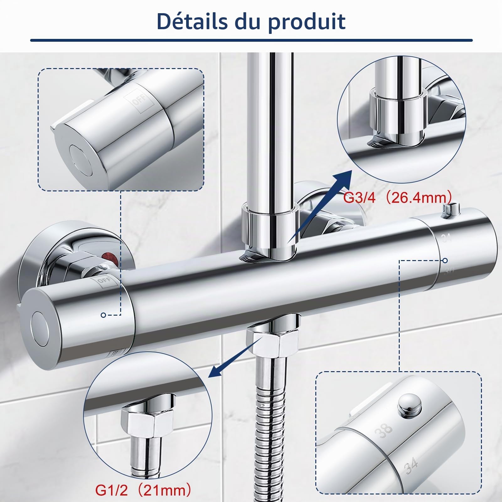 Mitigeur Douche Thermostatique 2 Sorties Haut 3/4" (26.4mm)+Bas 1/2"(21mm)