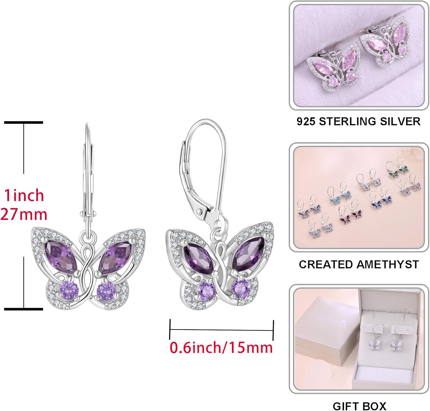 Starchenie Butterfly Earrings for Women 925 Sterling Silver Leverback Earrings Birthstone Butterfly Jewelry Gifts - Image 6