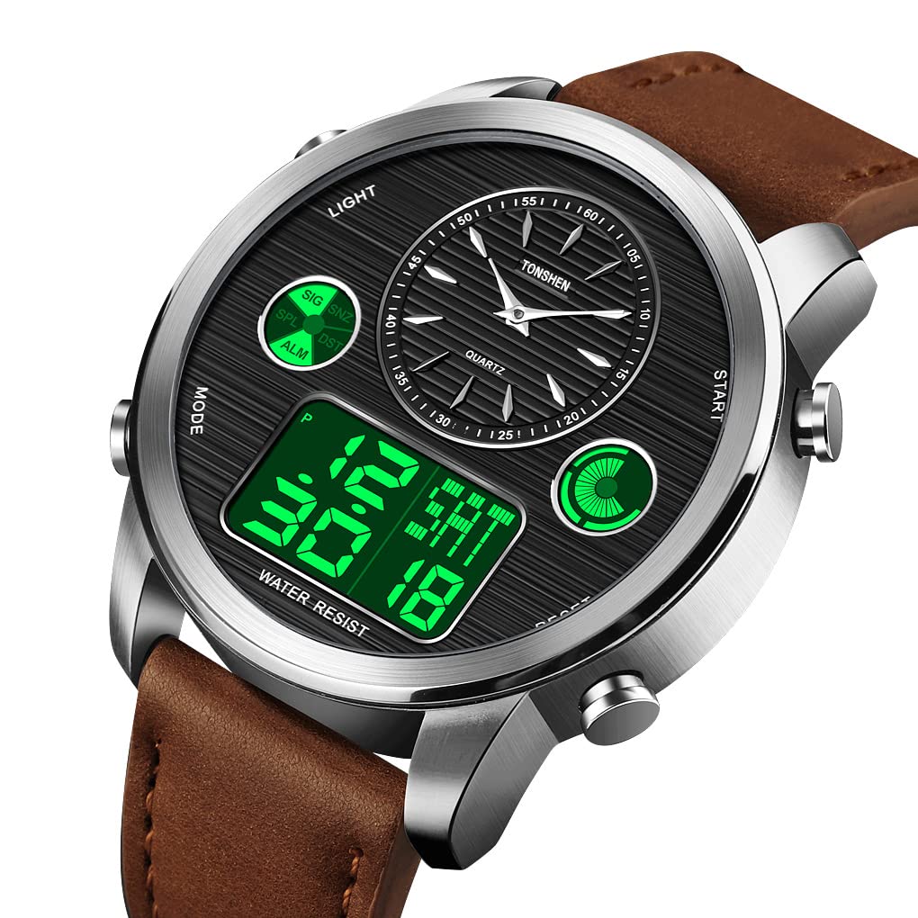TONSHEN Uomo Fashion Stile Casual Acciaio Inossidabile Digitale Orologi da Polso e Pelle Cinturino Multifunzione LED Elettronico Outdoor Militare Sportivo Orologio Tre Tempo