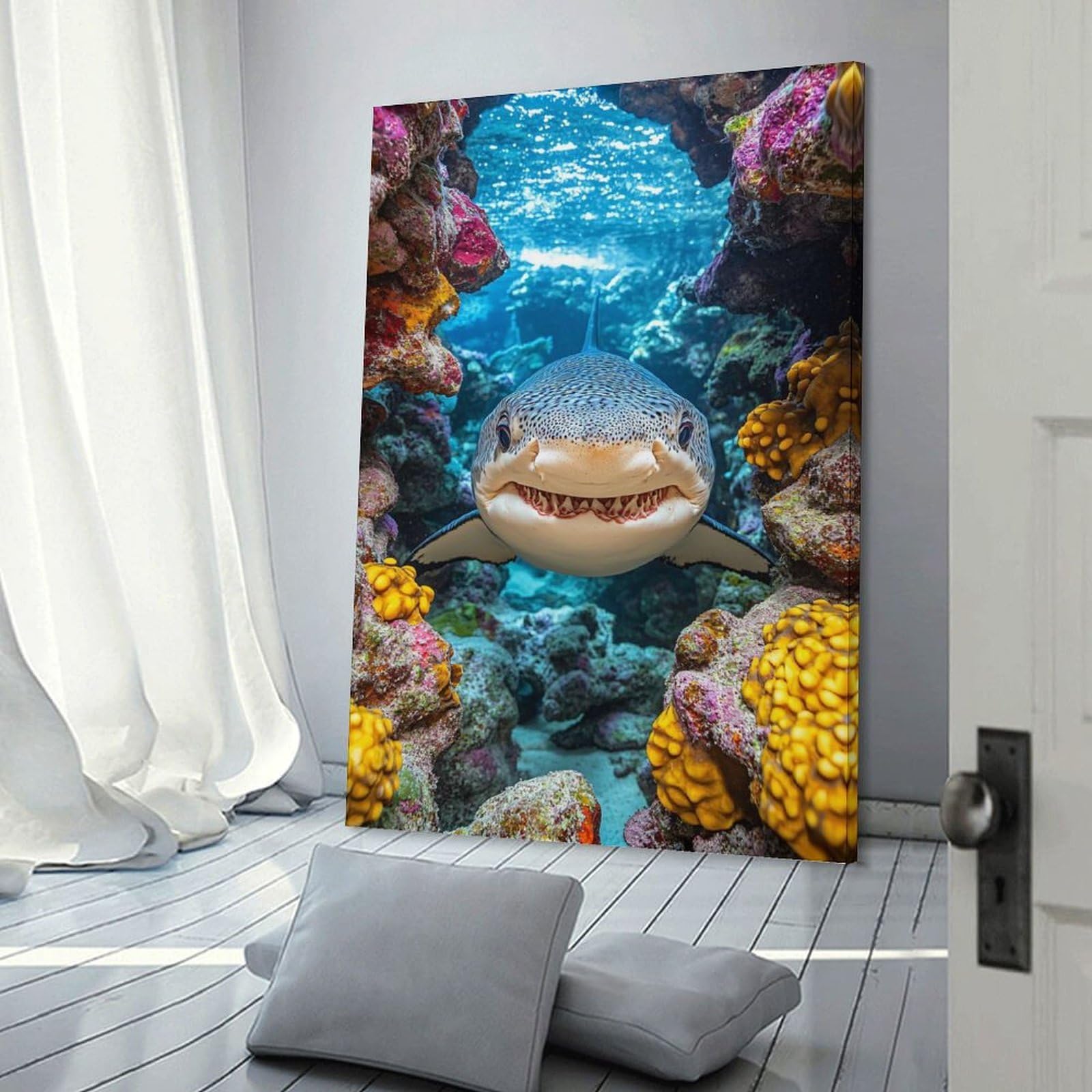 Junmoney Room Decor Wall Art Leopard Shark Portrait in Coral Reef, 24x36inch(60x90cm), for Hallway, Bedroom Or Modern Interiors, Gift Idea for Housewarming And Birthdays