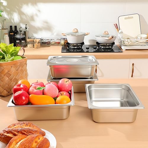 Vista 12 de Thenshop Juego de 8 sartenes de acero inoxidable para mesa de hotel con tapas de 4 pulgadas, 1/2 de tamaño medio, sartenes de restaurante anti vapor