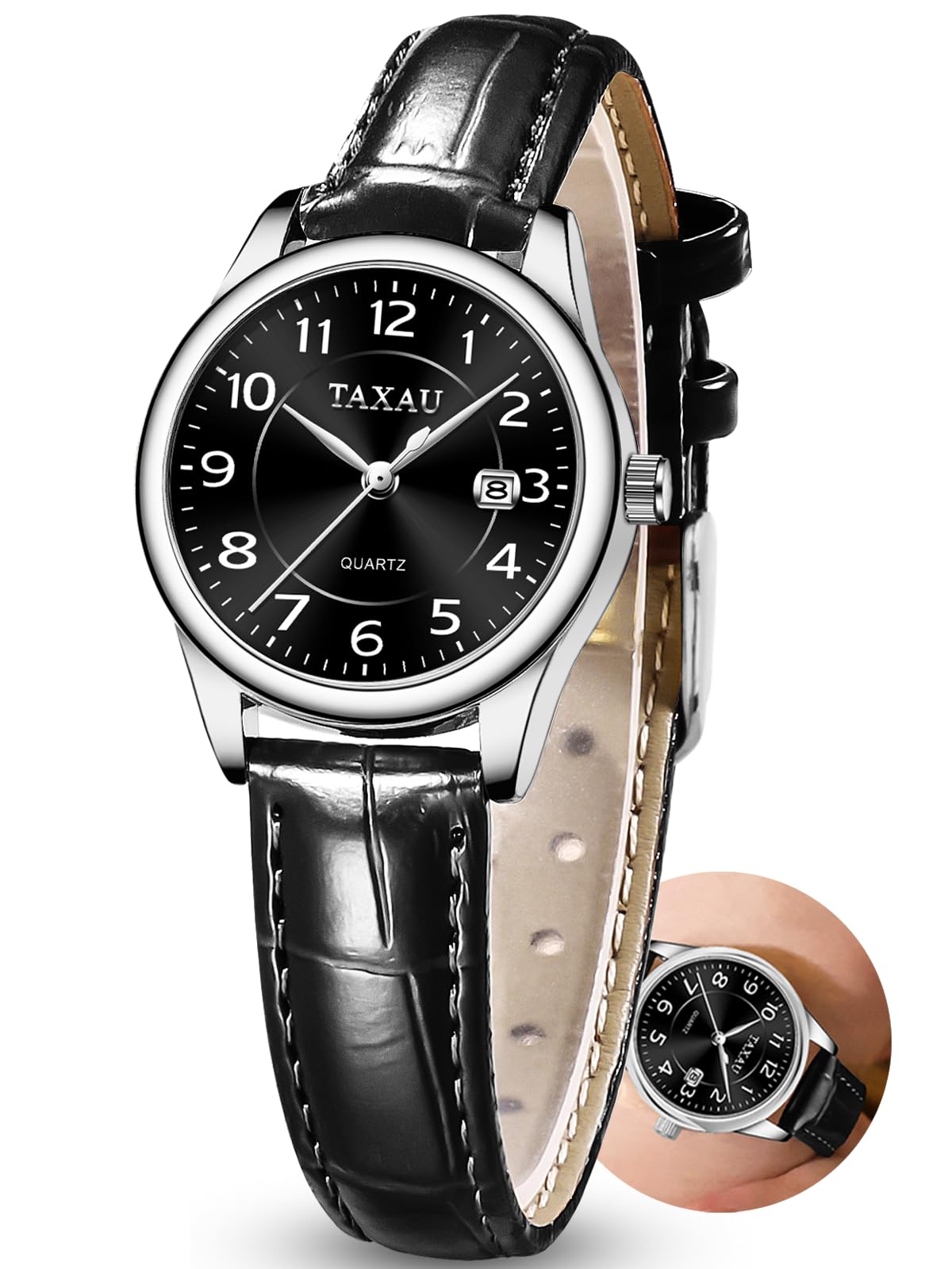 Taxau Damenuhr Lederarmband Analog Quarz–Elegante Armbanduhr Damen mit Datumsanzeige, Kleine 28mm Damen Uhr, 3Bar Wasserdicht,Klassisches Design Geschenke für Frauen