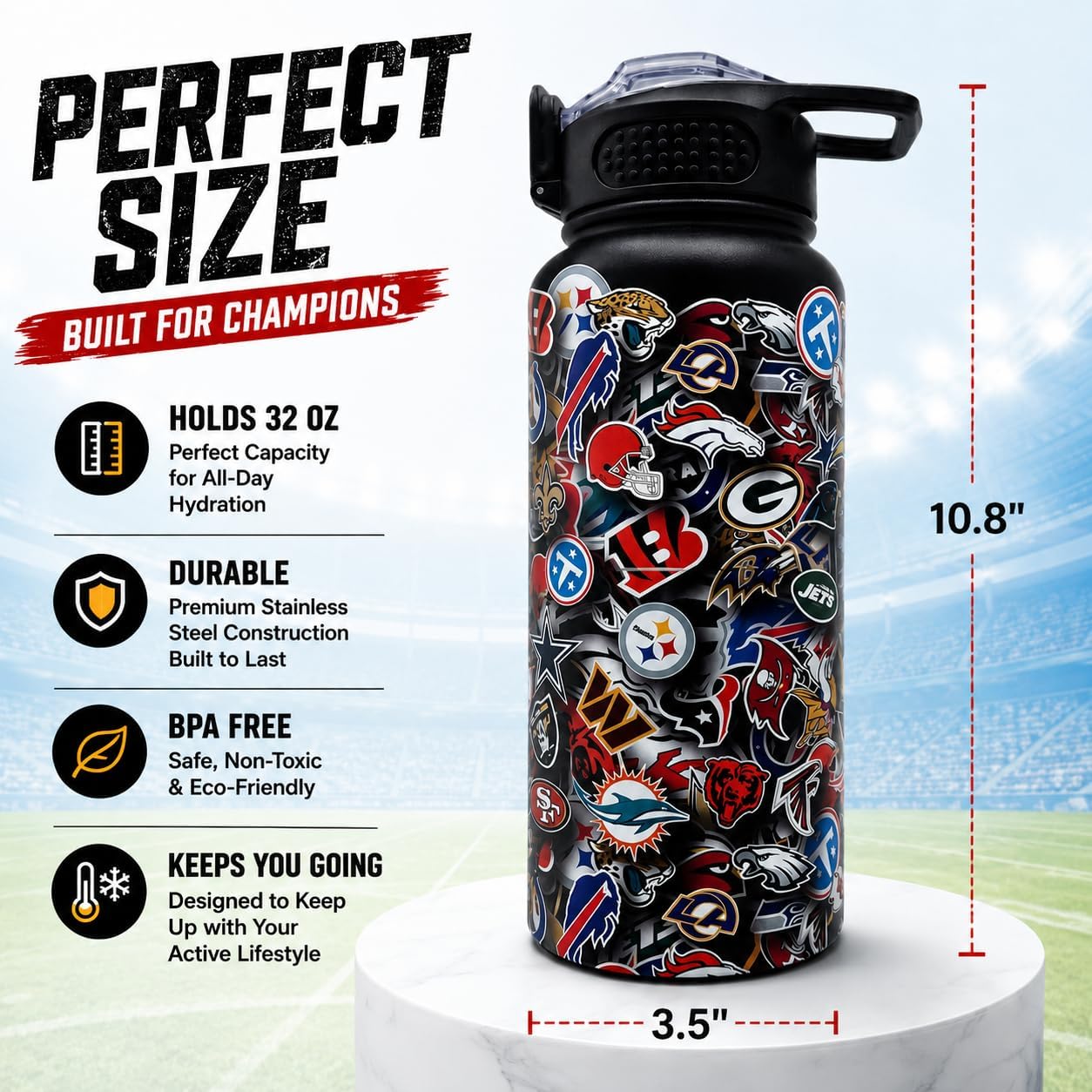NFL ProPress Blackout All Over Team Logo Mashup 32oz Stainless Steel Water Bottle, Press Top Lid