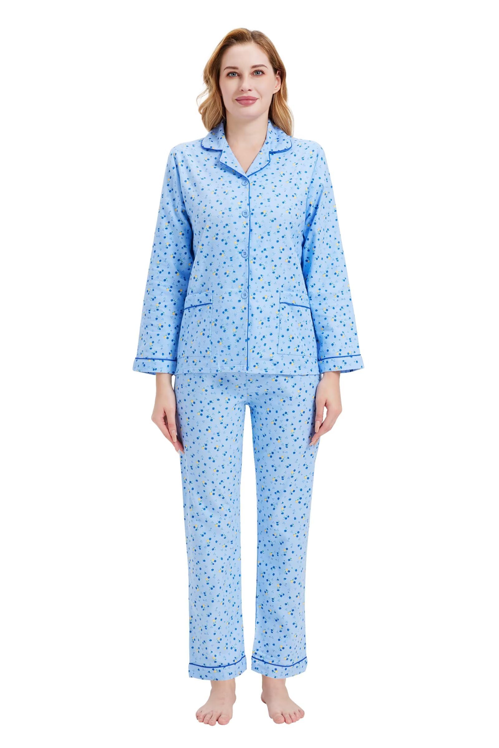 GLOBAL Women's Flannel Pajamas Set 100% Cotton PJs for Women Long Sleeve Button Drawstring Waist Warm Loungewear Sleepwear