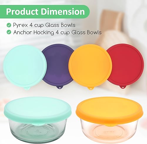 Miniatura 2 de Tapas redondas de silicona para almacenamiento de 4 tazas de repuesto para cuencos de vidrio Anchor Hocking y Pyrex 7201-PC (recipiente no incluido)