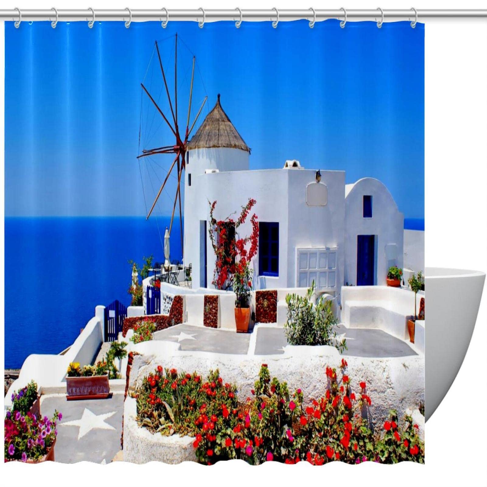 Daphl Windmill Oia Village On Santorini Island Shower Curtain Washable Waterproof Bathroom Curtain With 12 Hooks, 72X72 Inches