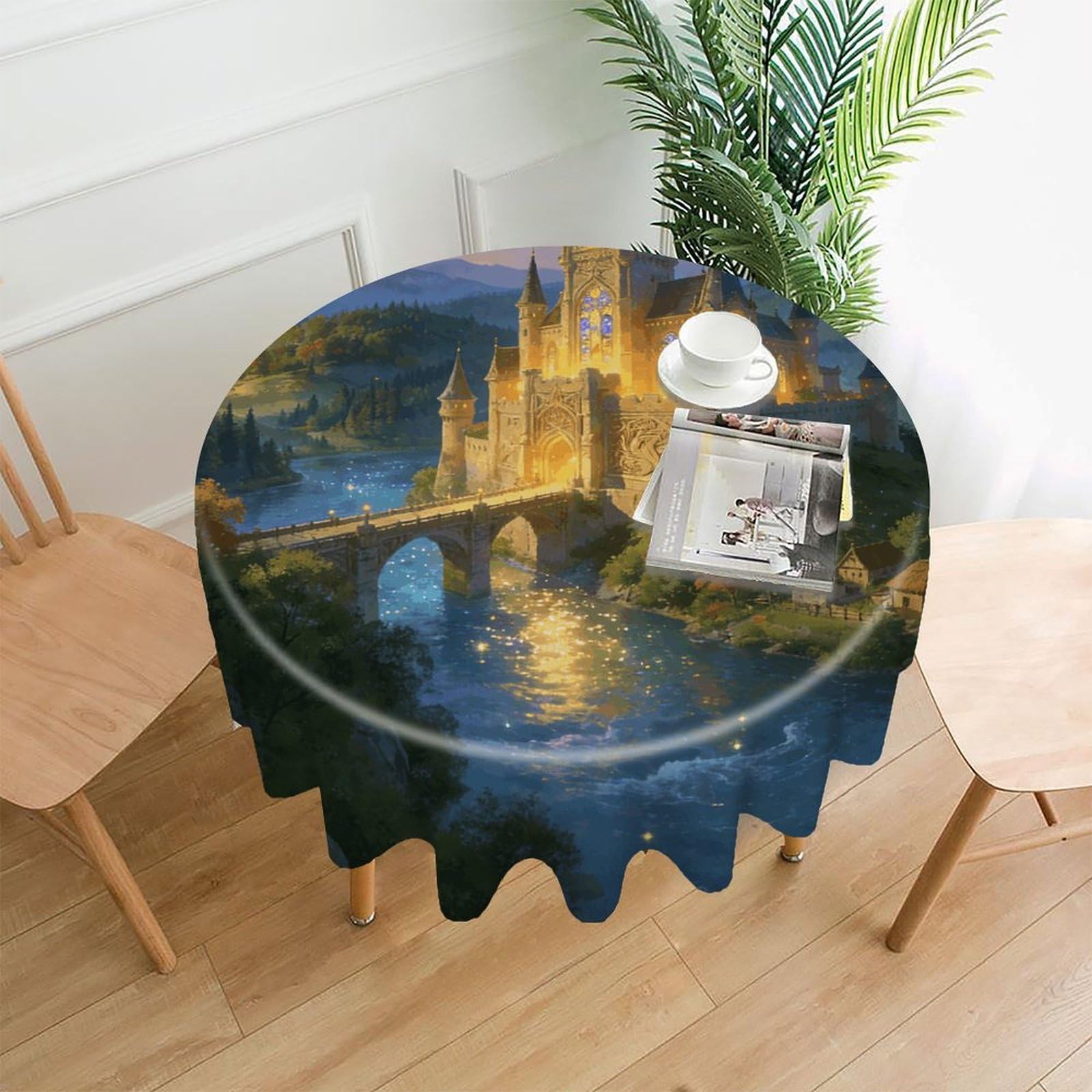 LZQPOEAS Fantasy Castle Tablecloth Easy to Clean Polyester Round Table Cover Washable Round Table Cloth Wrinkle-Free Circle Decoration Tablecloth for Kitchen and Dining Room 60"