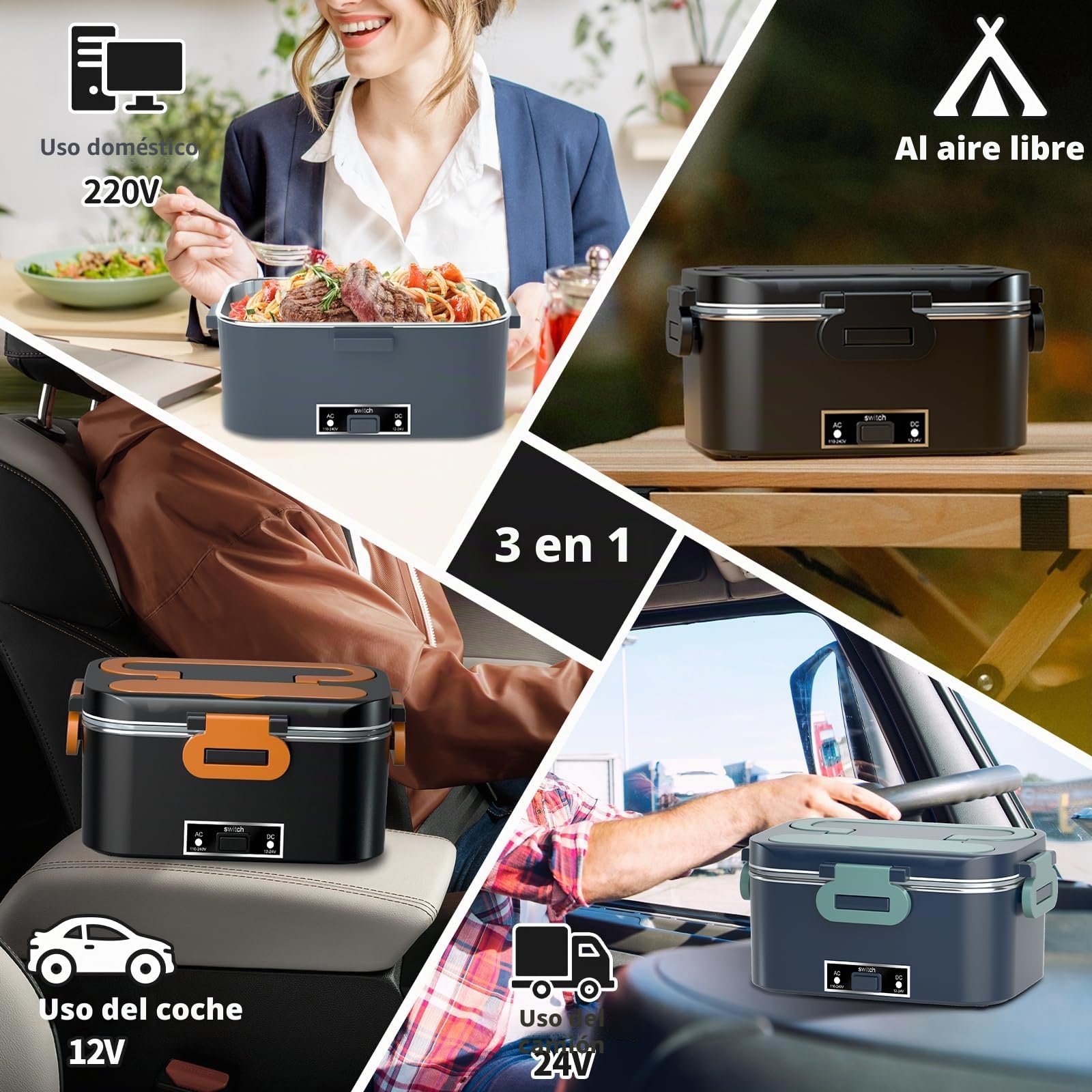 Fiambrera eléctrica de 100W, fiambrera portátil con calefacción 3 en 1, fiambrera extraíble de acero inoxidable, caja térmica aislada de 12V/24V/220V para coche/camión/oficina, con bolsa aislada