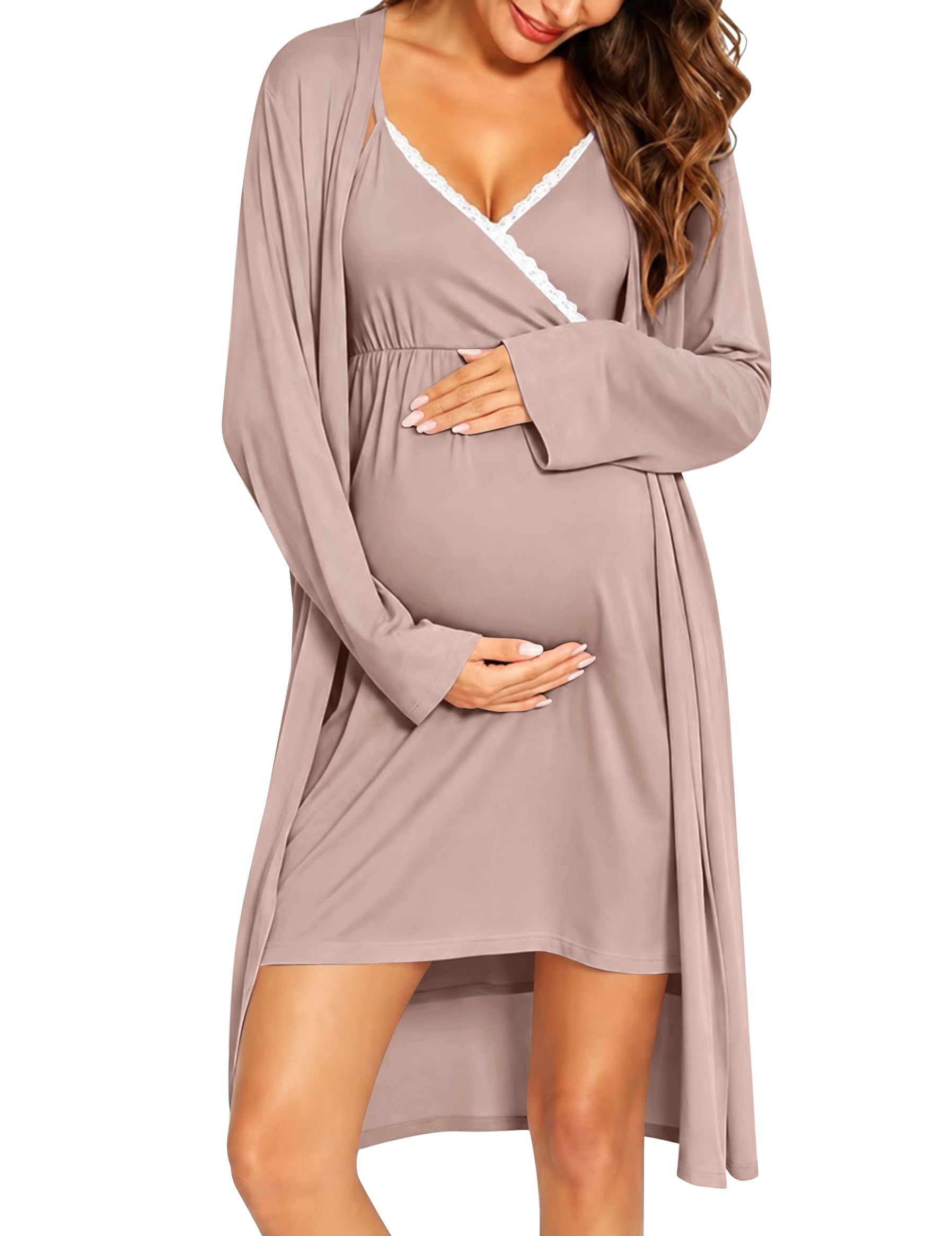 SWOMOG Womens Maternity Robe 2 Piece Nursing Nightgown for Breastfeeding 3 in 1 Labor Delivery Nursing Dress Lace Bathrobe