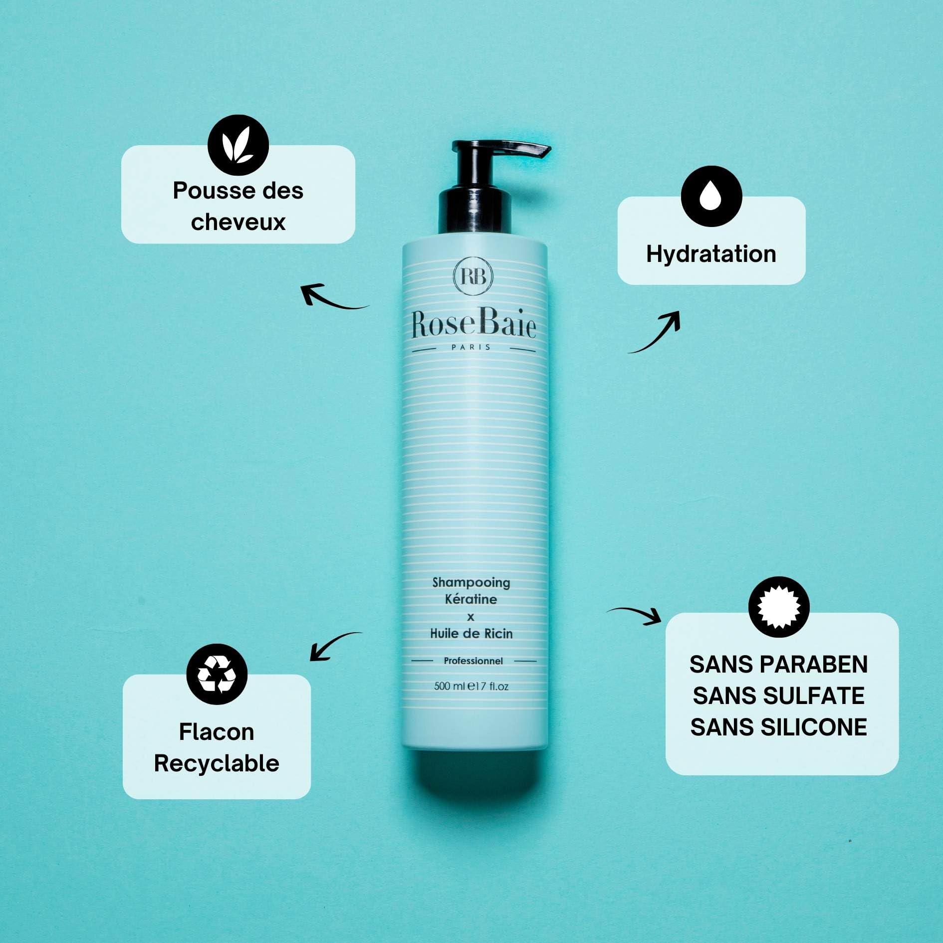 ROSEBAIE | Routine Trio Huile de Ricin et Kératine | Pousse et Hydratation | Shampoing 500ml | Masque 500ml | Sérum 100ml | Brosse massante offerte