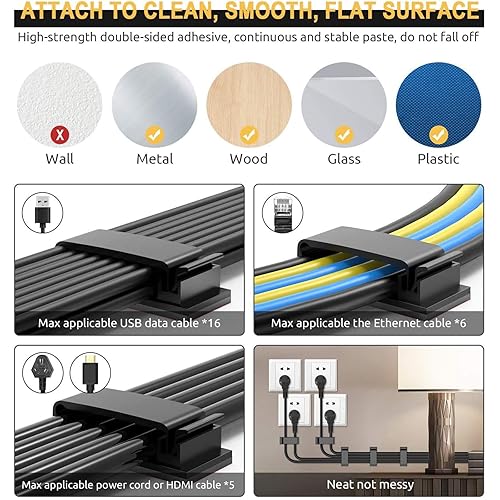 Miniatura 7 de 50 clips autoadhesivos para organizar cables, organizadores de cables, soportes para cables para PC, laptop, cable Ethernet, escritorio, oficina en