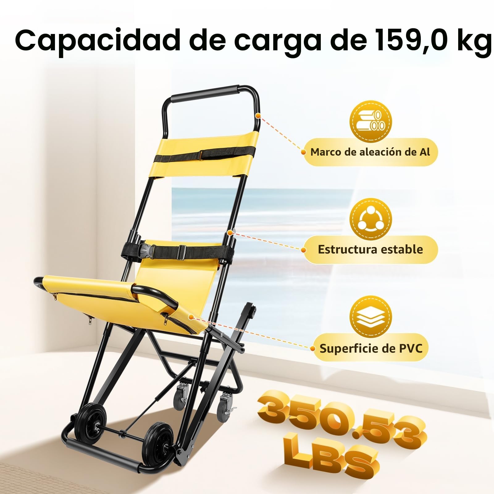 Silla de ruedas plegable para subir escaleras plegable, con reposacabezas ajustable y cinturones de seguridad
