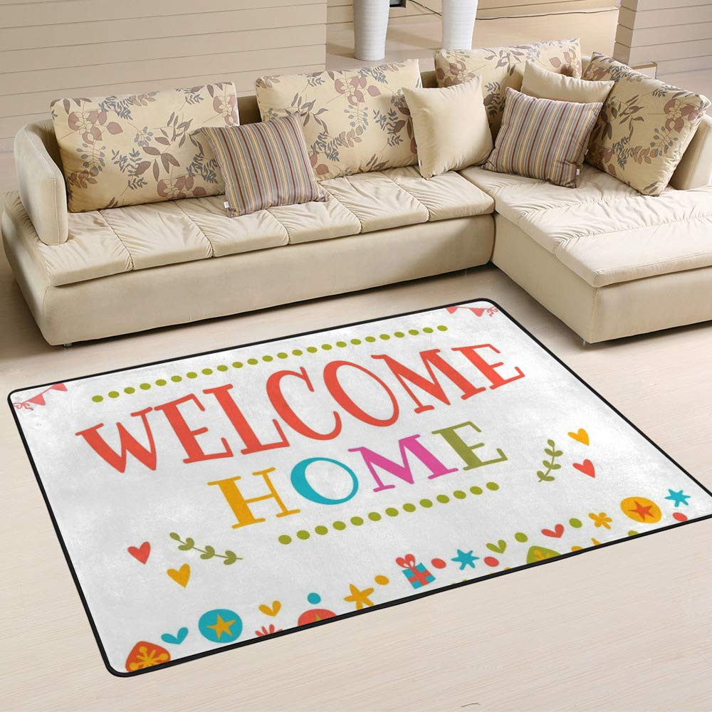 Tapis coloré Welcome Home Ruchen en velours corail grand format pour le salon
