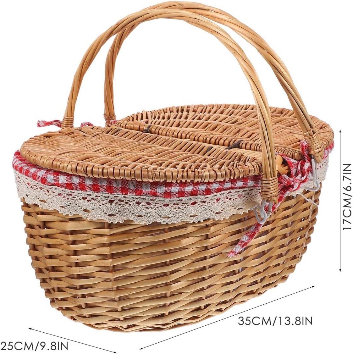 Roleader Wicker Picnic Basket with Lid and Handle Classic Plaid Woven Basket 35x25x17cm for Outdoor Camping and Home Decor