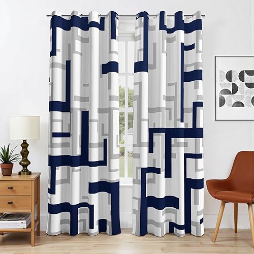 Miniatura 2 de weesire Cortinas opacas modernas para dormitorio, sala de estar, 2 paneles, 100% opacas, cortinas con patrón azul y blanco, cortinas abstractas, 52