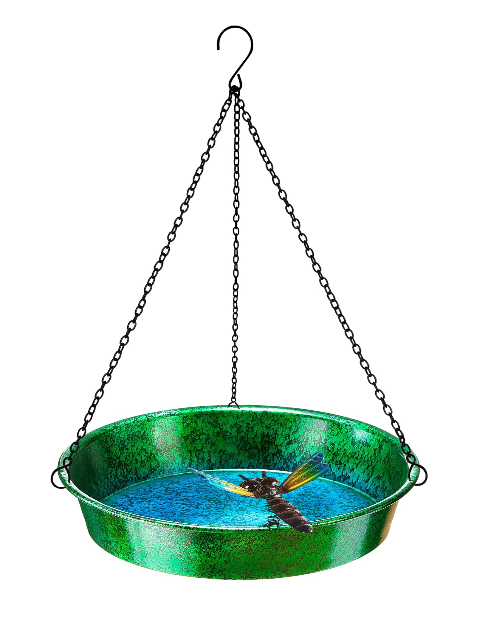 Hanging Bird Bath for Outside, 11.5” Metallic Green & Blue Metal Birdbath Bowl & Feeder with Black Chain Outdoor Garden Yard Decor — image 1